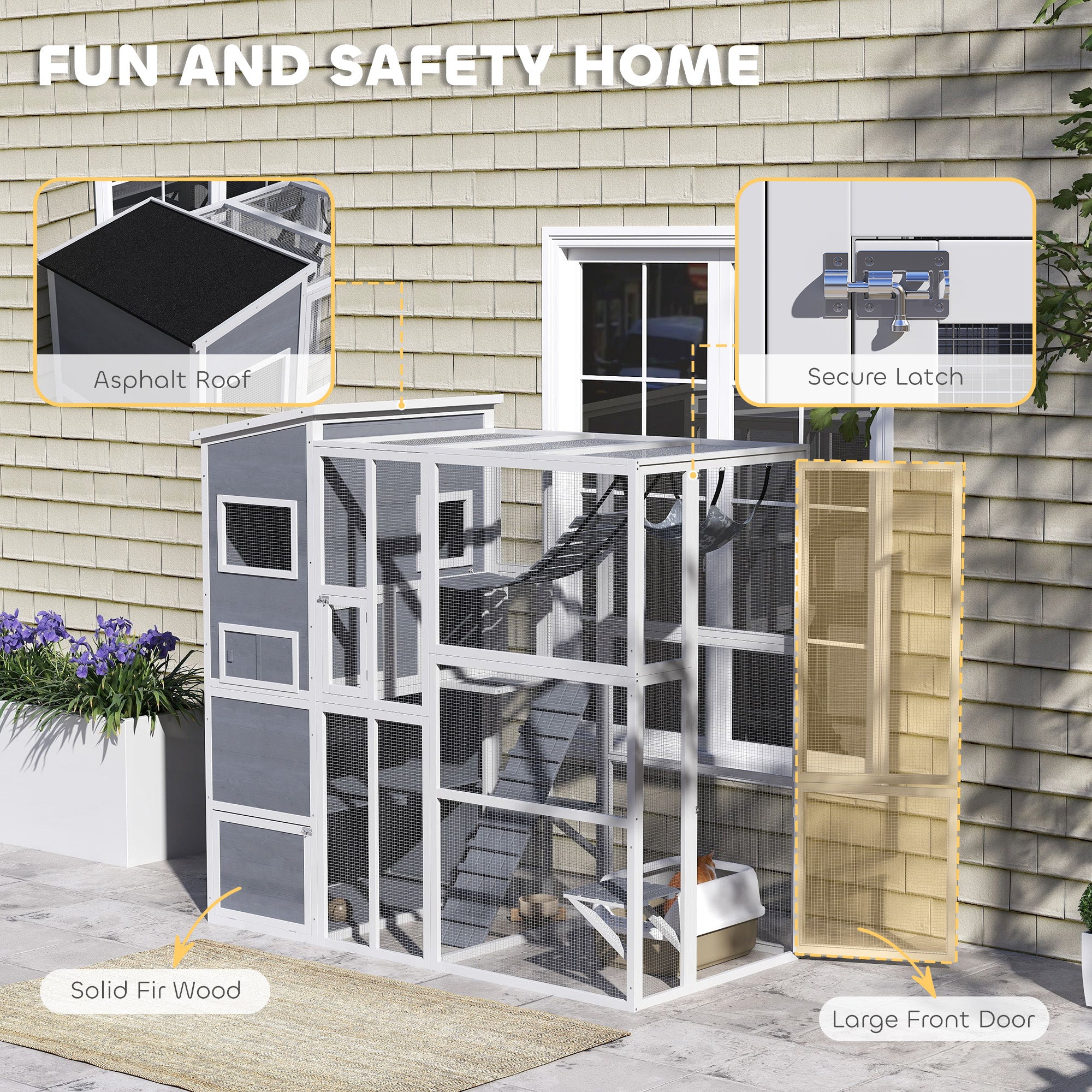 PawHut Catio Outdoor Cat Enclosure, Large Wooden Cat House with 4 Tiers Resting Rooms, 3 Platforms, 1 Soft Ladder, 2 Ramps, 1 Hammock, for 2-3 Cats, 76" x 36" x 68", Gray
