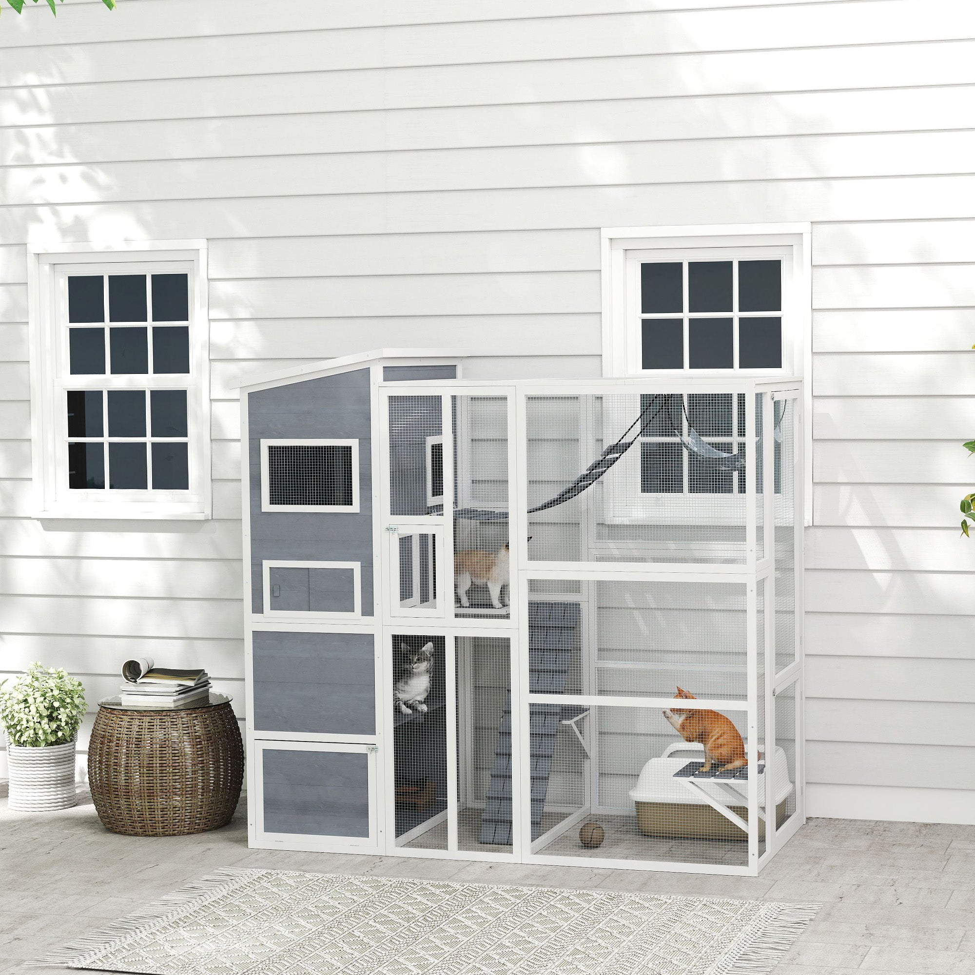 PawHut Catio Outdoor Cat Enclosure, Large Wooden Cat House with 4 Tiers Resting Rooms, 3 Platforms, 1 Soft Ladder, 2 Ramps, 1 Hammock, for 2-3 Cats, 76" x 36" x 68", Gray