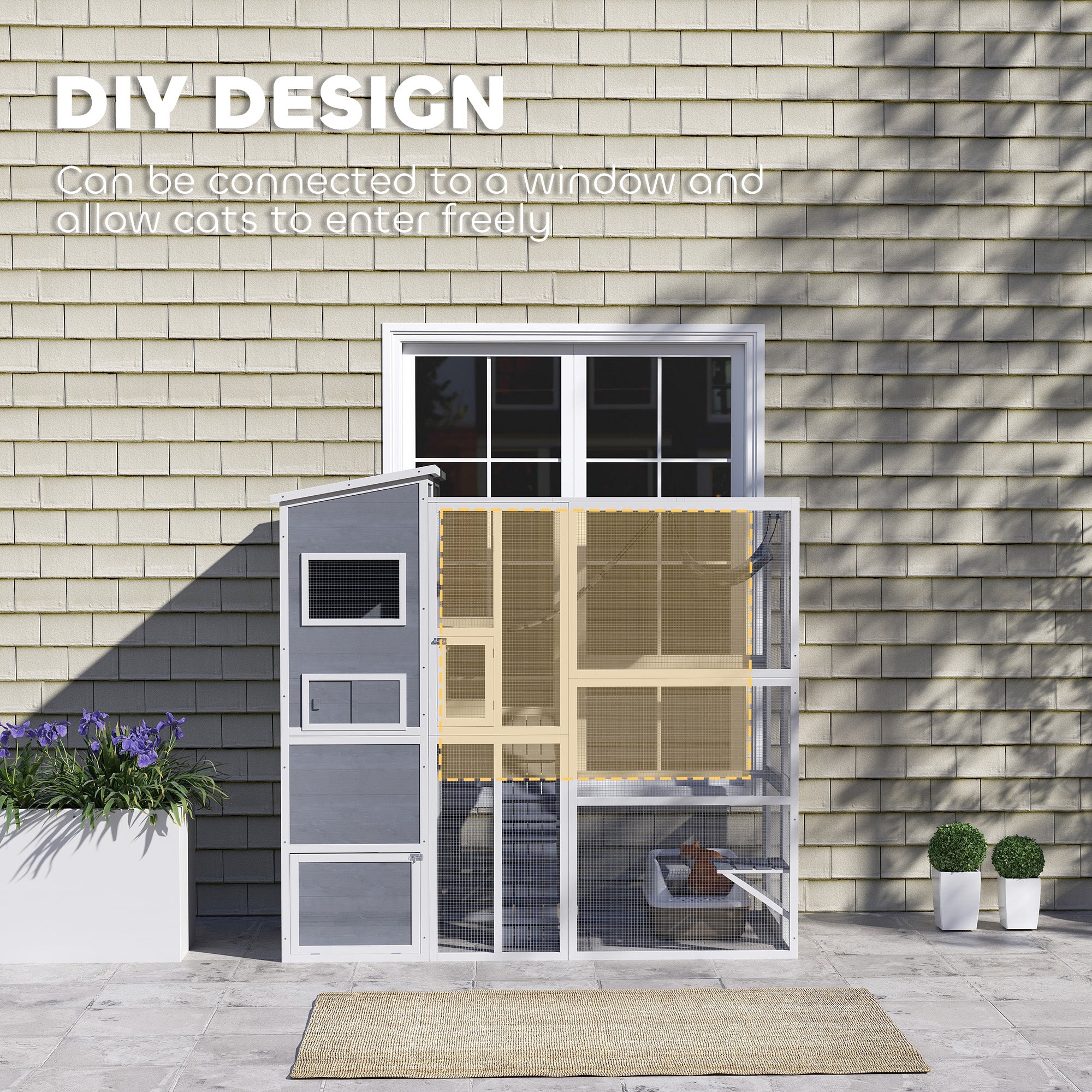 PawHut Catio Outdoor Cat Enclosure, Large Wooden Cat House with 4 Tiers Resting Rooms, 3 Platforms, 1 Soft Ladder, 2 Ramps, 1 Hammock, for 2-3 Cats, 76" x 36" x 68", Gray