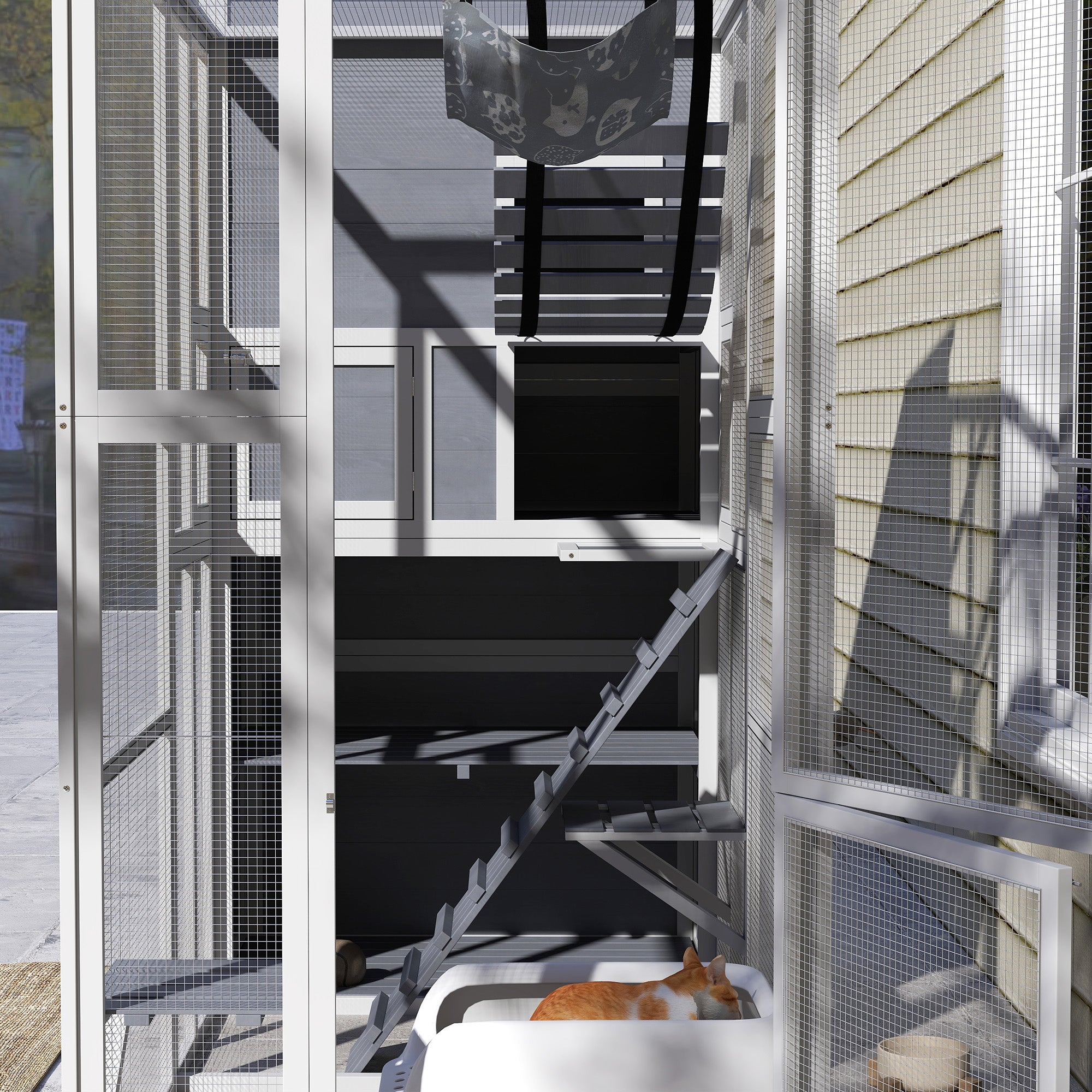 PawHut Catio Outdoor Cat Enclosure, Large Wooden Cat House with 4 Tiers Resting Rooms, 3 Platforms, 1 Soft Ladder, 2 Ramps, 1 Hammock, for 2-3 Cats, 76" x 36" x 68", Gray