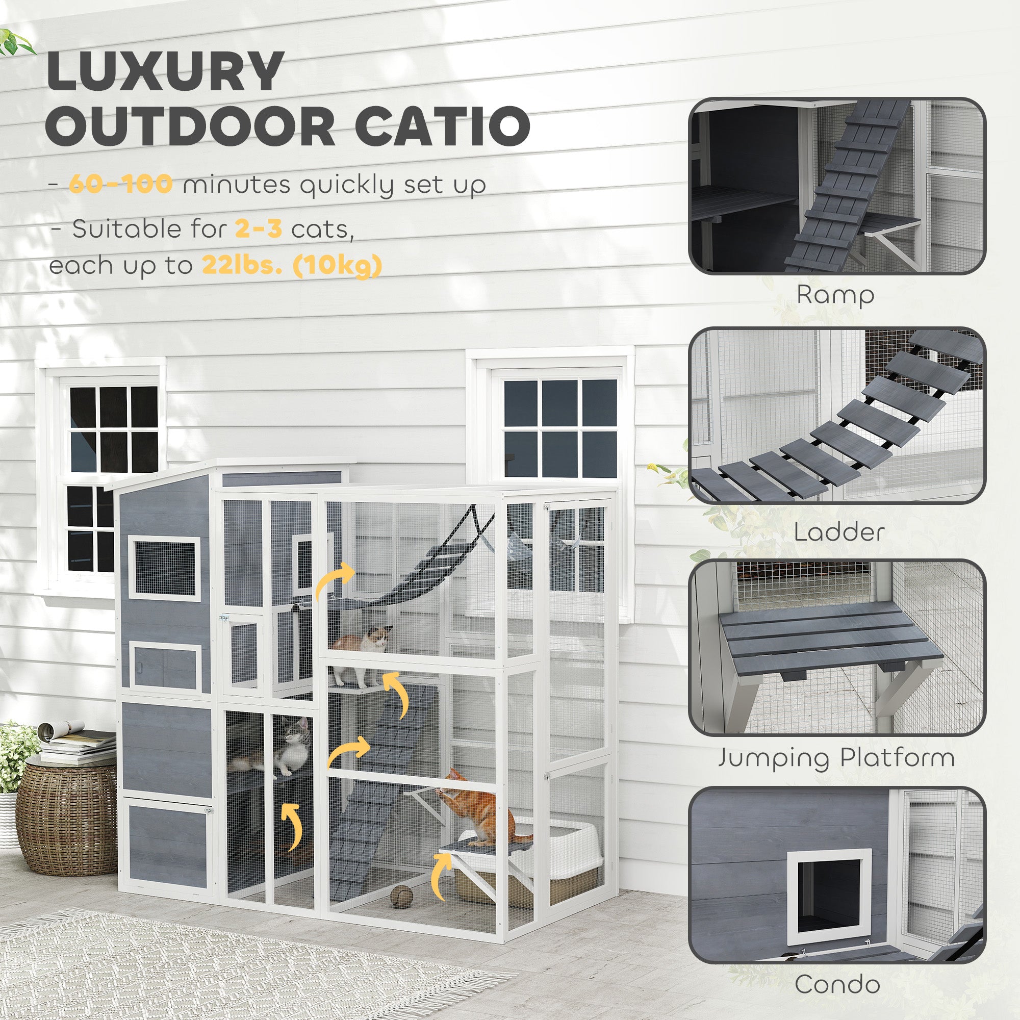 PawHut Catio Outdoor Cat Enclosure, 76" L Large Weatherproof Cat House with Cat Condo, Jumping Platforms, Ladder, Ramps, Hammock for 2-3 Indoor Cats, Grey