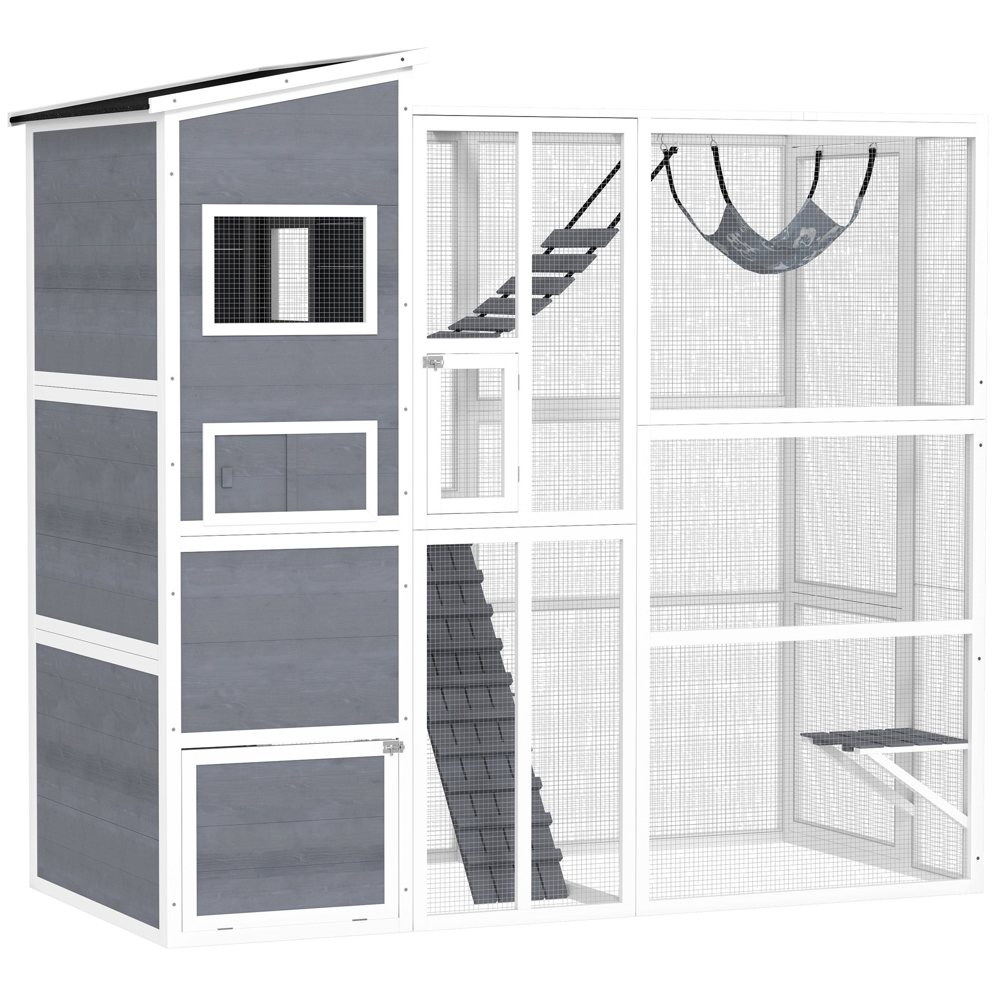 PawHut Catio Outdoor Cat Enclosure, 76" L Large Weatherproof Cat House with Cat Condo, Jumping Platforms, Ladder, Ramps, Hammock for 2-3 Indoor Cats, Grey