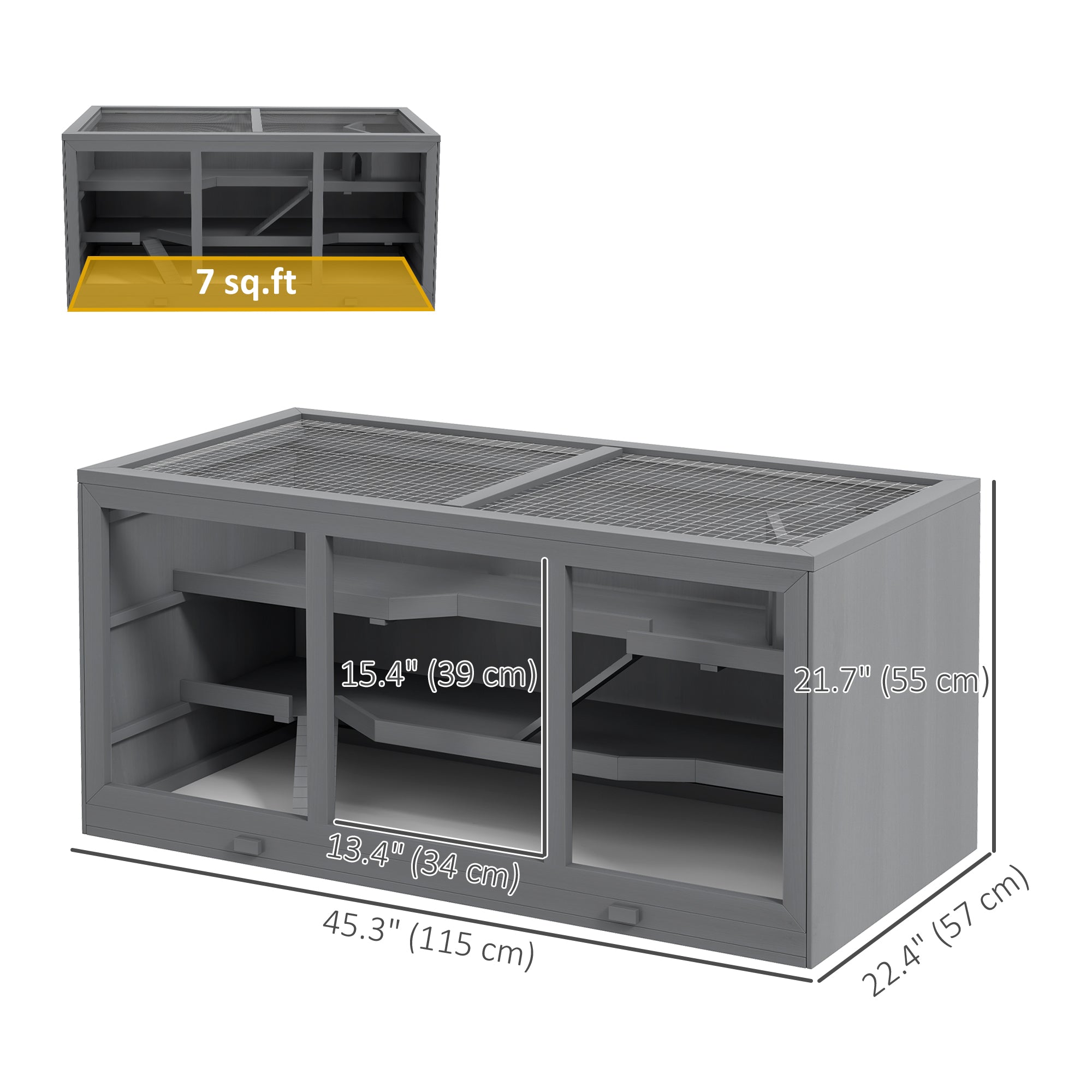 PawHut Wooden Hamster Cage, Mouse Mice Rat Cage Small Animal Cage, 3 Tier Exercise Play House with Slide, Tray, Grey