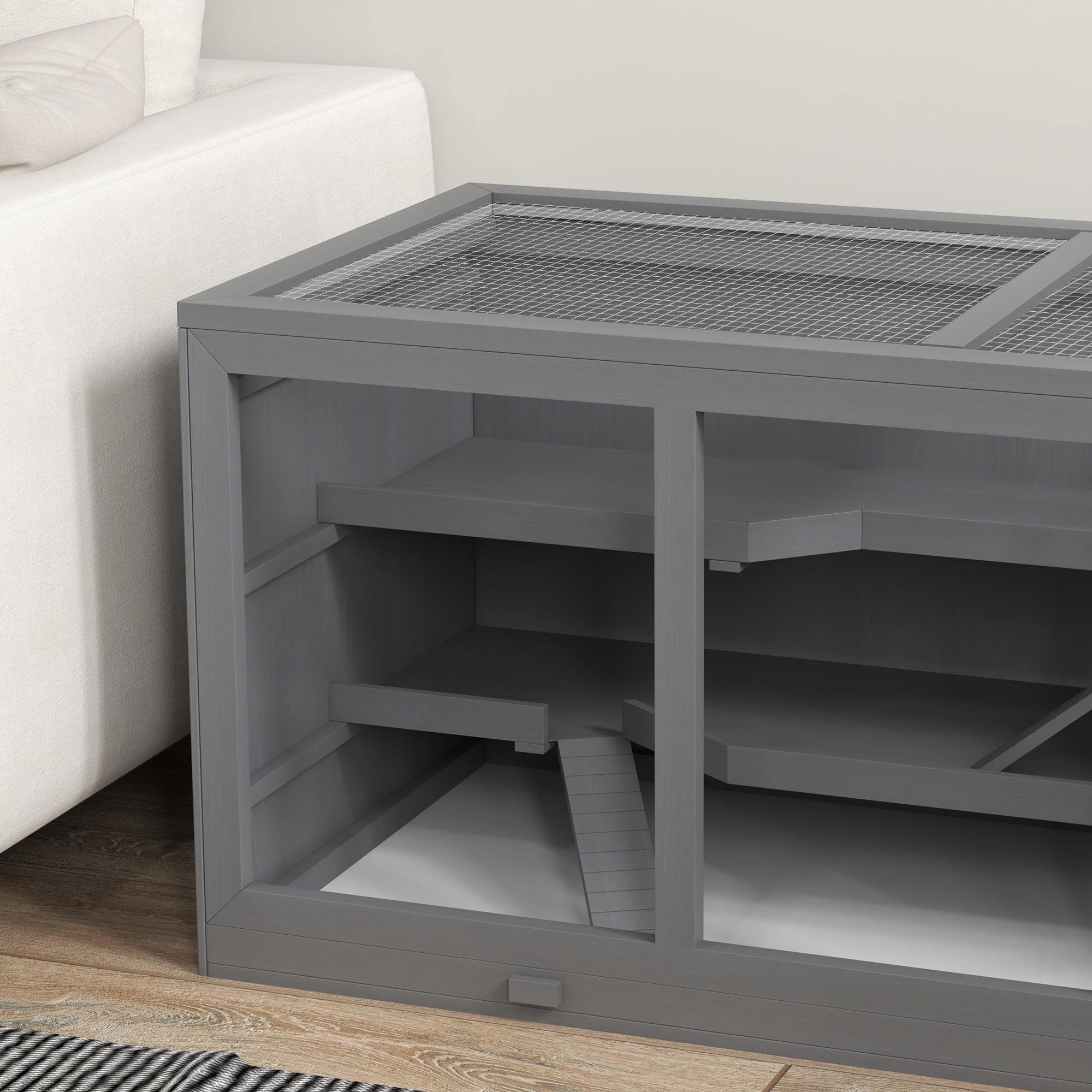 PawHut Wooden Hamster Cage, Mouse Mice Rat Cage Small Animal Cage, 3 Tier Exercise Play House with Slide, Tray, Grey