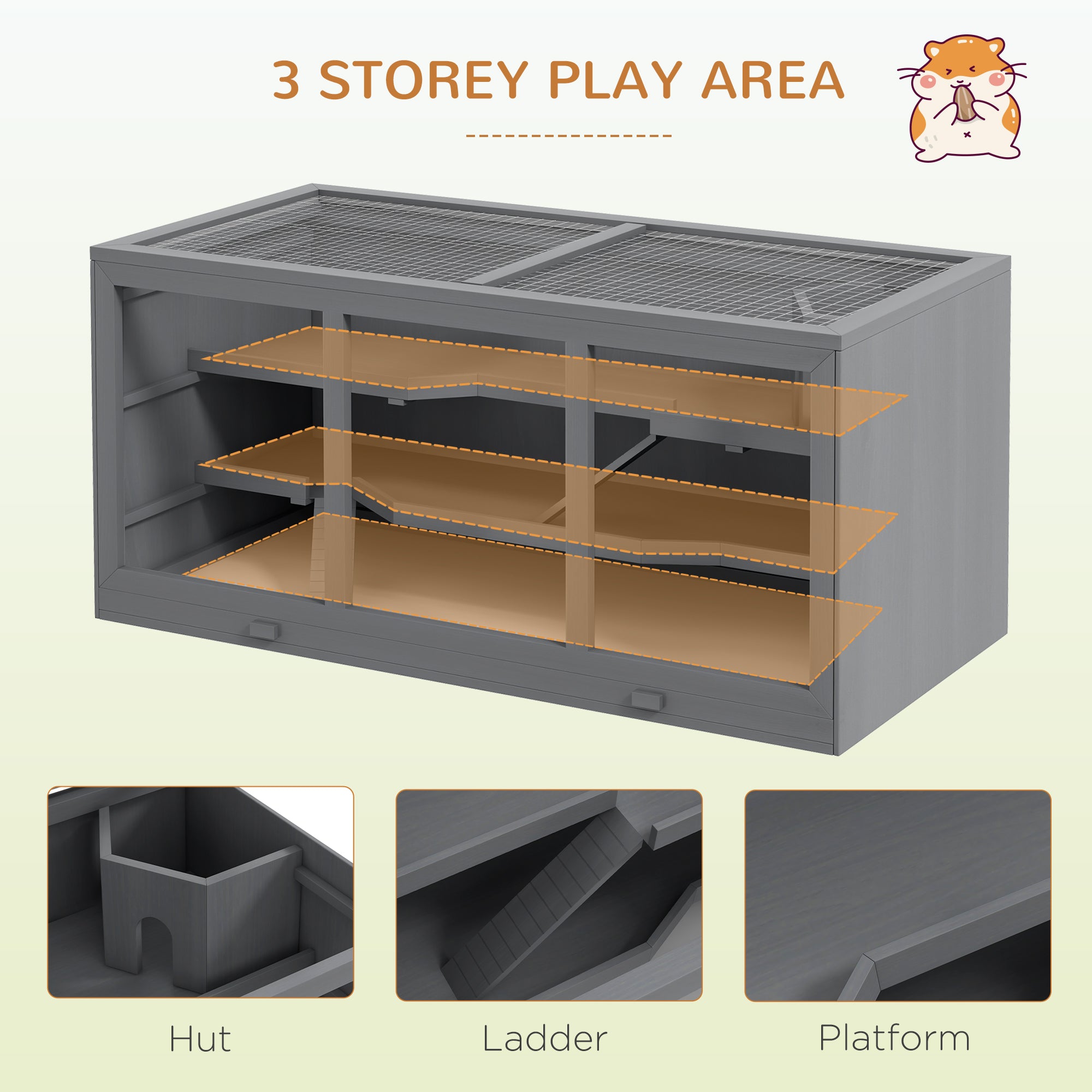 PawHut Wooden Hamster Cage, Mouse Mice Rat Cage Small Animal Cage, 3 Tier Exercise Play House with Slide, Tray, Grey