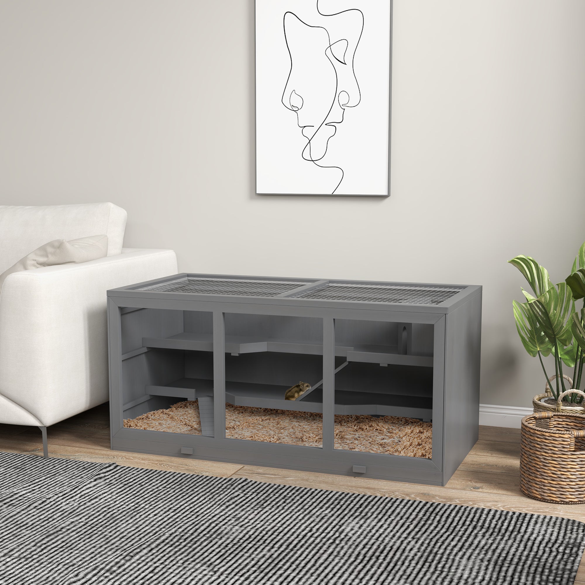 PawHut Wooden Hamster Cage, Small Animals Hutch with Tray, Openable Top, Exercise Run, Grey