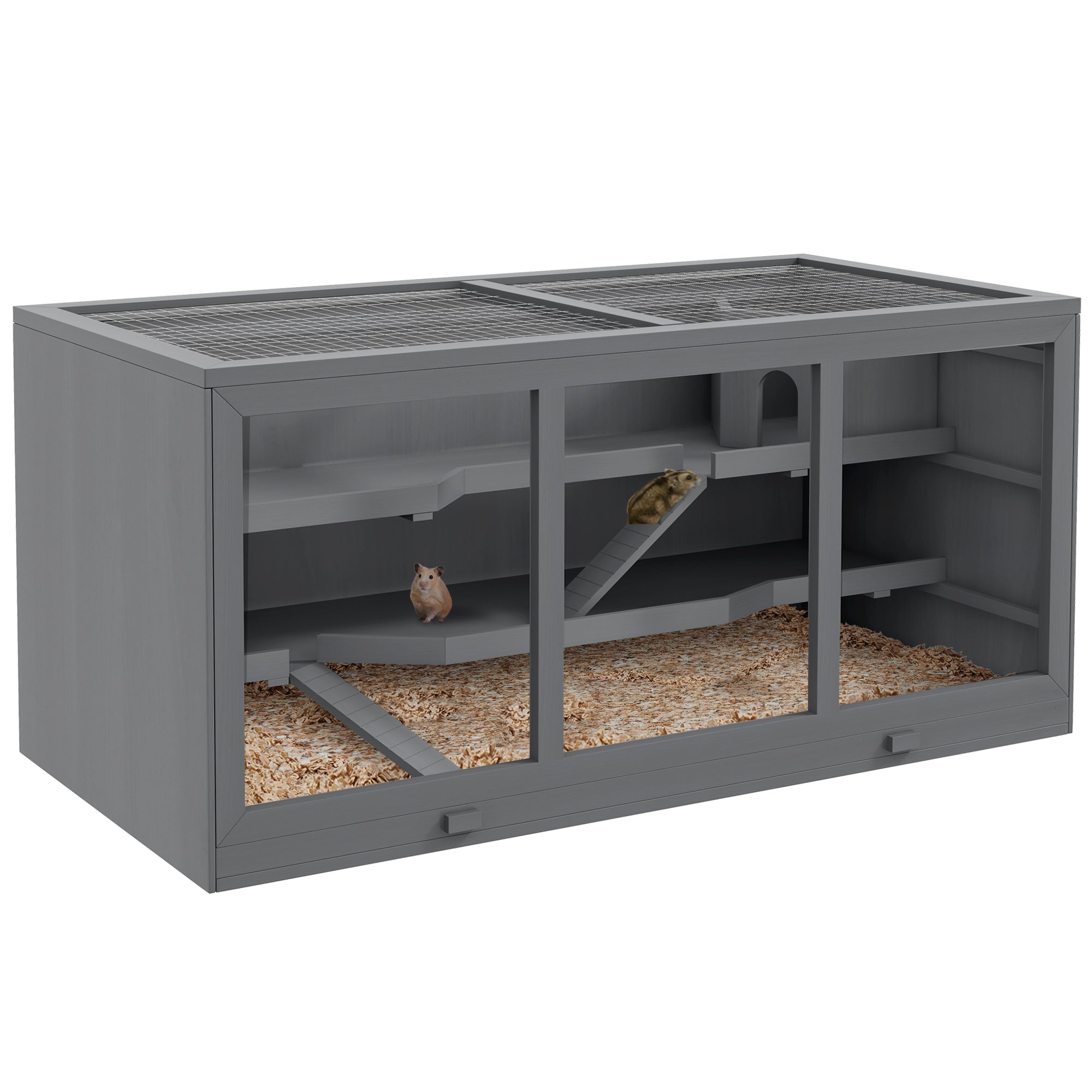 PawHut Wooden Hamster Cage, Mouse Mice Rat Cage Small Animal Cage, 3 Tier Exercise Play House with Slide, Tray, Grey