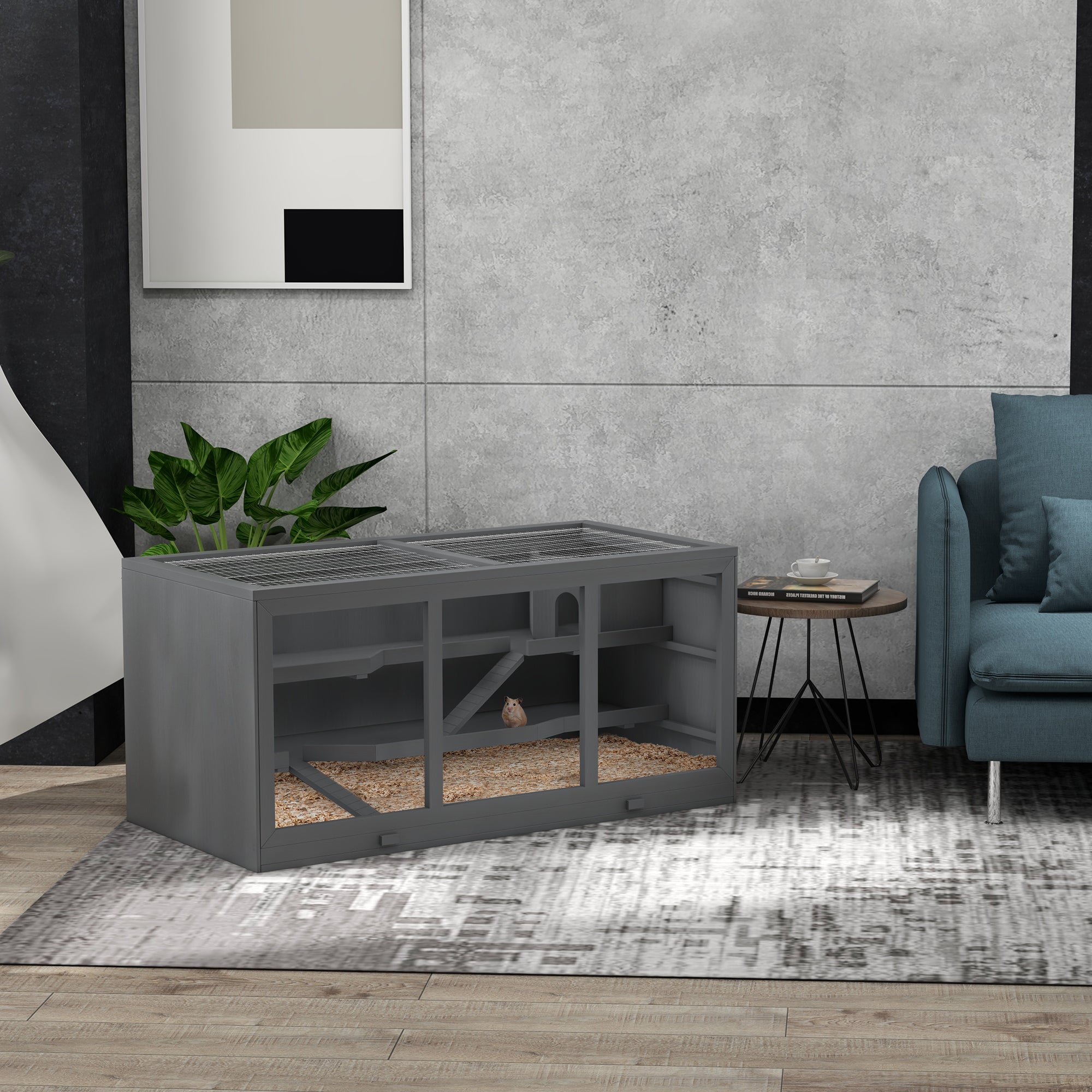 PawHut Wooden Hamster Cage, Mouse Mice Rat Cage Small Animal Cage, 3 Tier Exercise Play House with Slide, Tray, Grey