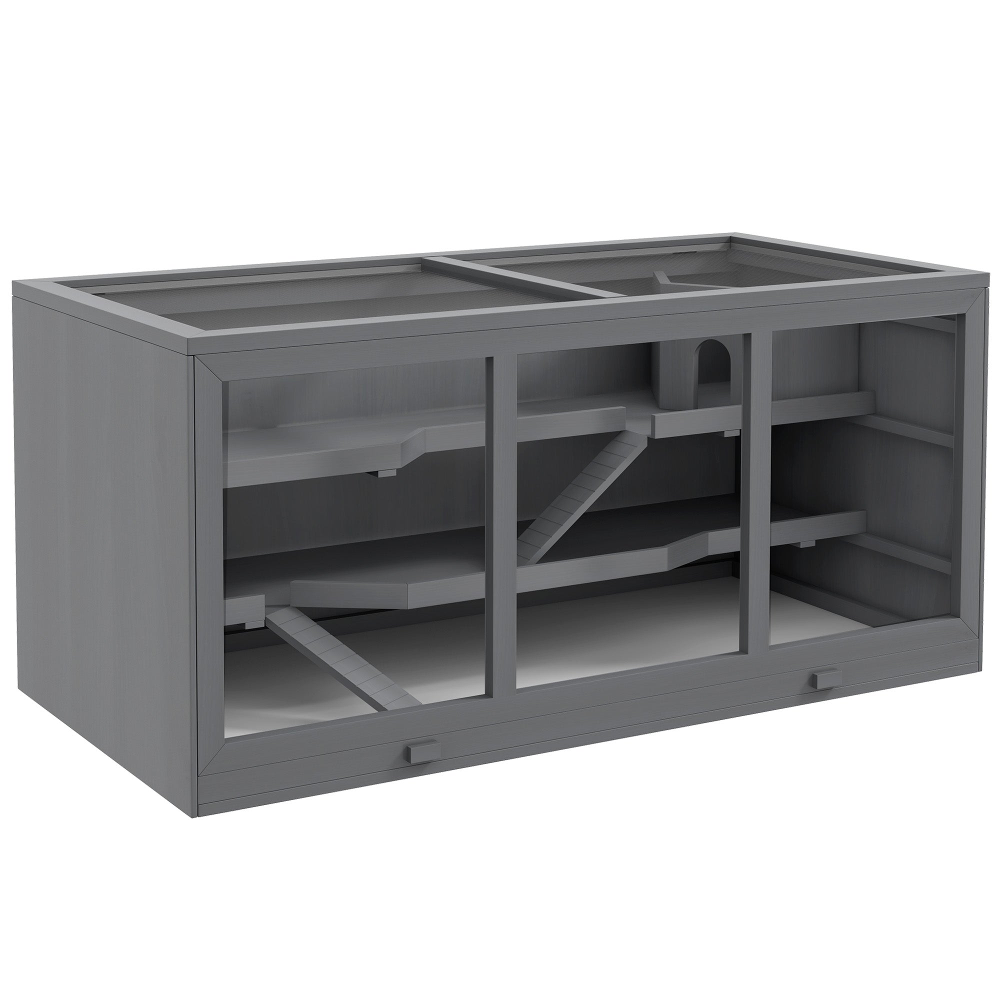 PawHut Wooden Hamster Cage, Mouse Mice Rat Cage Small Animal Cage, 3 Tier Exercise Play House with Slide, Tray, Grey