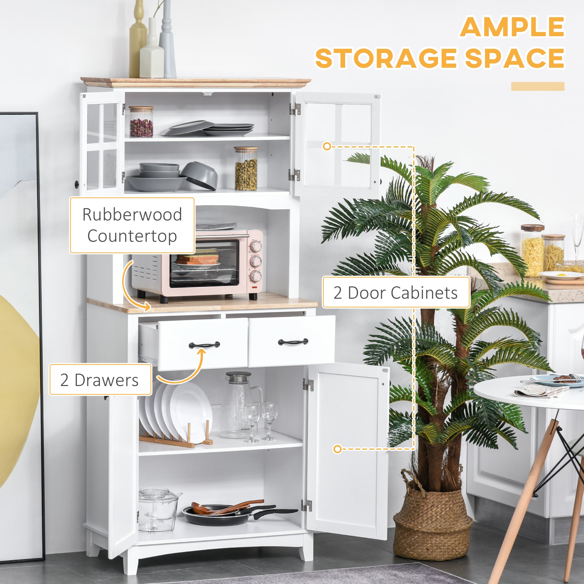 HOMCOM 29.1" Traditional Freestanding Kitchen Pantry Cabinet with Framed Door and Louvered Cabinet, Kitchen Buffet and Hutch Wooden Storage Sideboard with Microwave Counter, White