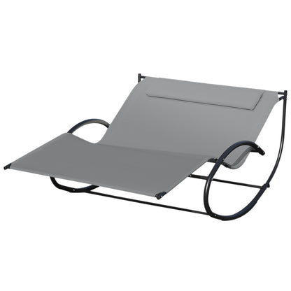 Outsunny Double Chaise Lounger Garden Rocker Sun Bed Outdoor Hammock Chair Texteline with Pillow Grey
