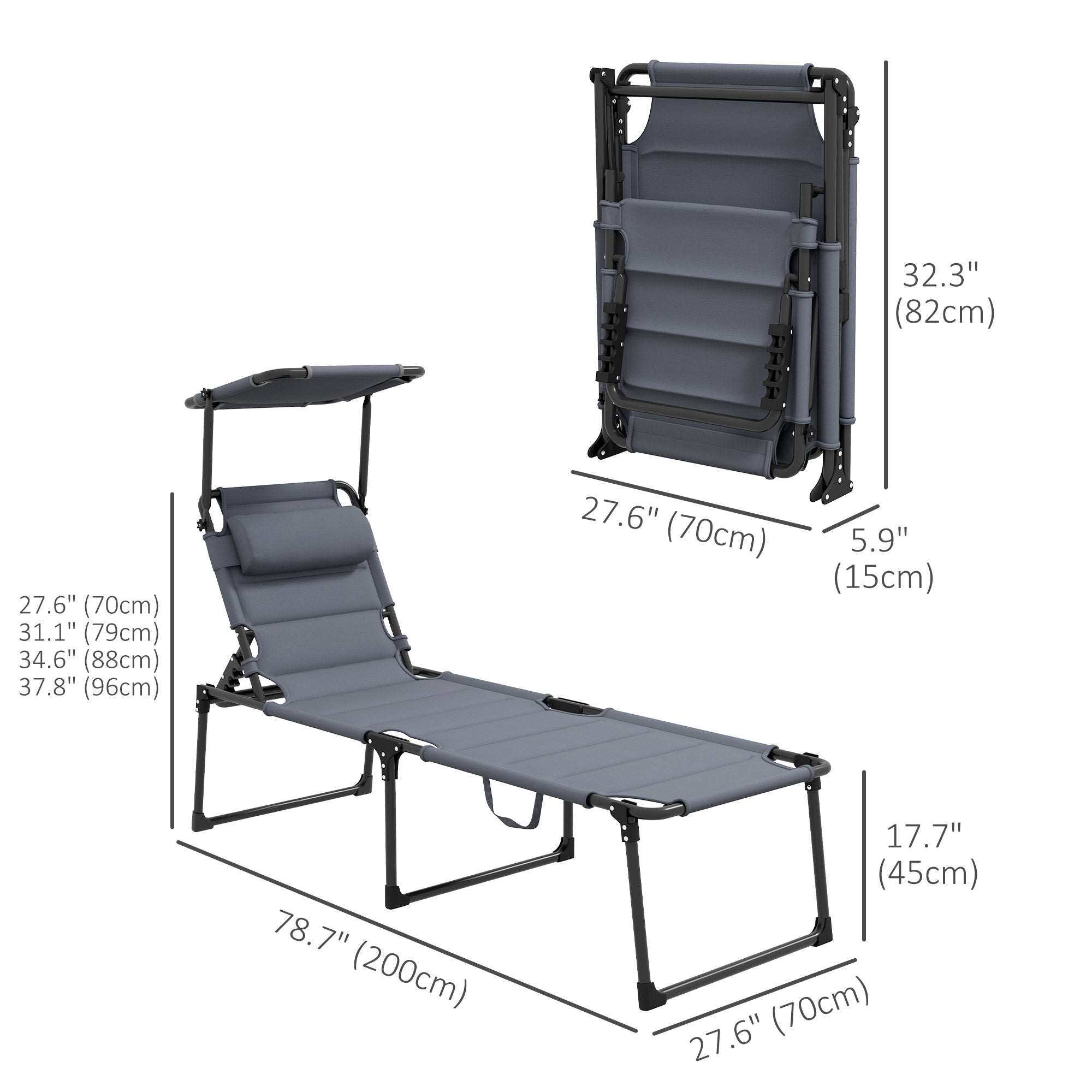 Outsunny Folding Chaise Lounge with Adjustable Sunroof, Outdoor Quick Dry Padded Tanning Chairs with Headrest, Reclining Back Outdoor Lounge Chair, for Beach, Yard, Patio, Grey