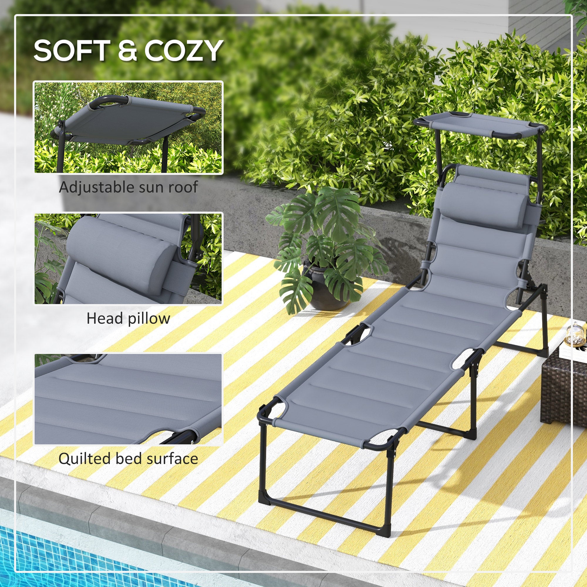 Outsunny Folding Chaise Lounge with Adjustable Sunroof, Outdoor Quick Dry Padded Tanning Chairs with Headrest, Reclining Back Outdoor Lounge Chair, for Beach, Yard, Patio, Grey