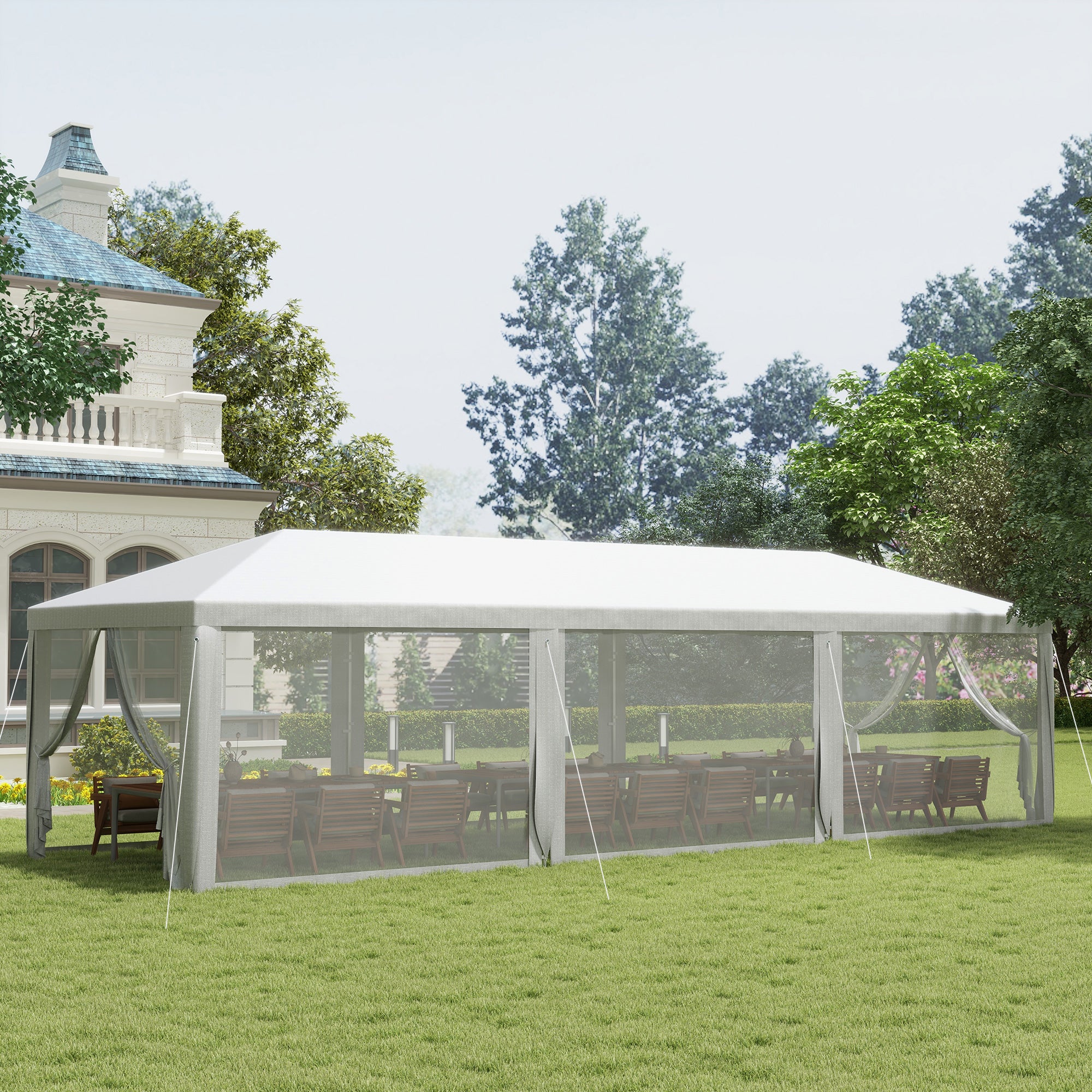 Outsunny 10' x 28' Party Tent Outdoor Canopy Garden Sun Shade with 8 Mosquito Mesh Netting and Zipper Door, White
