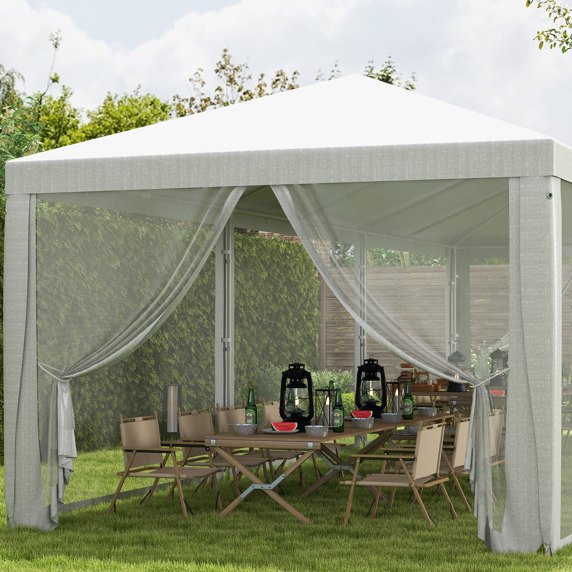 Outsunny 10' x 28' Party Tent Outdoor Canopy Garden Sun Shade with 8 Mosquito Mesh Netting and Zipper Door, White