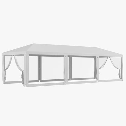 Outsunny 10' x 28' Party Tent Outdoor Canopy Garden Sun Shade with 8 Mosquito Mesh Netting and Zipper Door, White