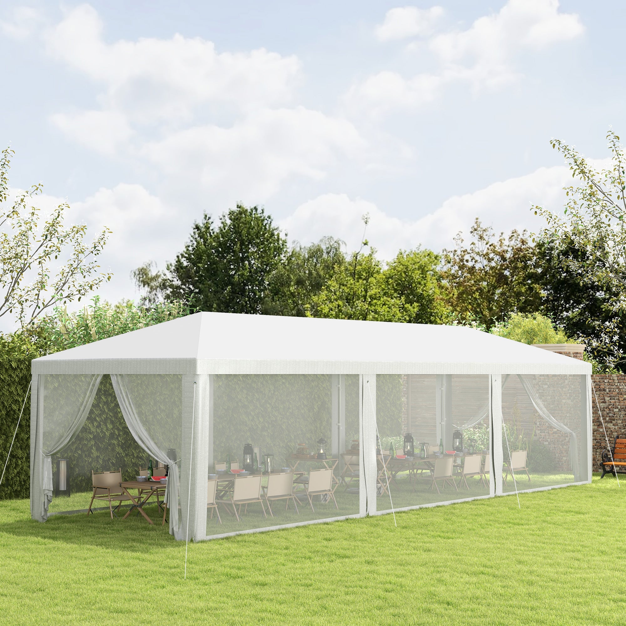 Outsunny 10' x 28' Party Tent Outdoor Canopy Garden Sun Shade with 8 Mosquito Mesh Netting and Zipper Door, White