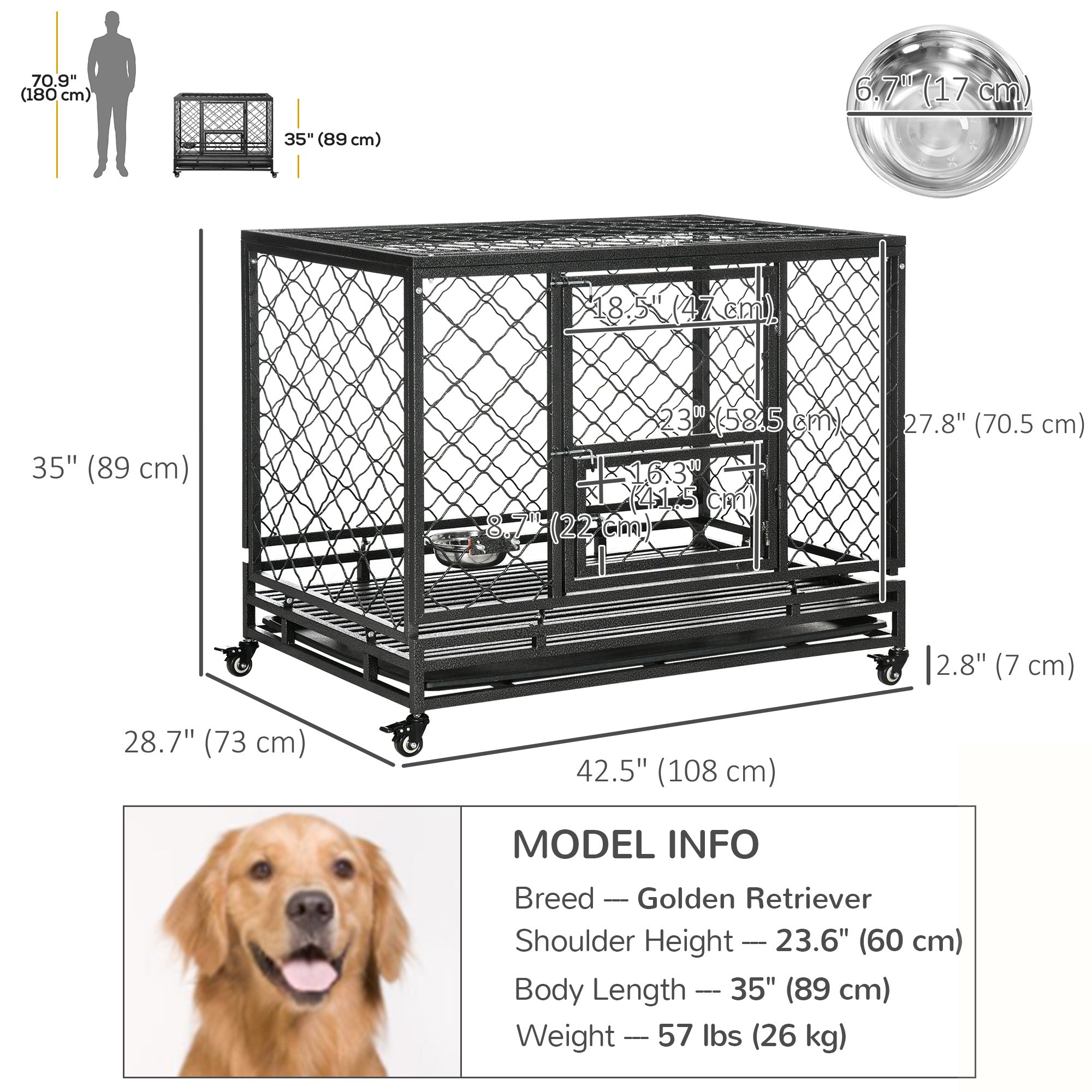 PawHut Heavy Duty Dog Crate, Metal Dog Kennel Cage with Wheels, Openable Top, Removable Tray, Stainless Steel Bowl, for Small, Medium, Large & XL Dogs, 42.5" x 29" W x 35"