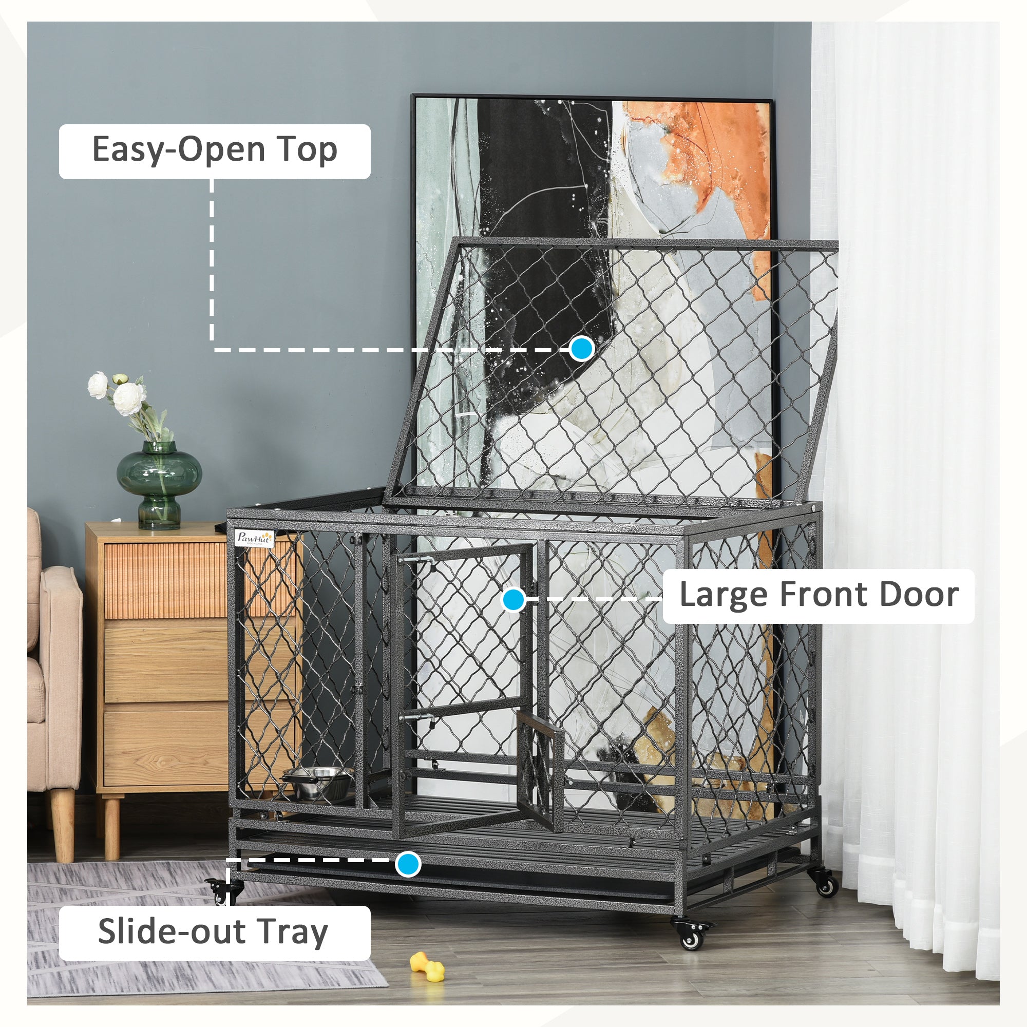 PawHut Heavy Duty Dog Crate, Metal Dog Kennel Cage with Wheels, Openable Top, Removable Tray, Stainless Steel Bowl, for Small, Medium, Large & XL Dogs, 42.5" x 29" W x 35"