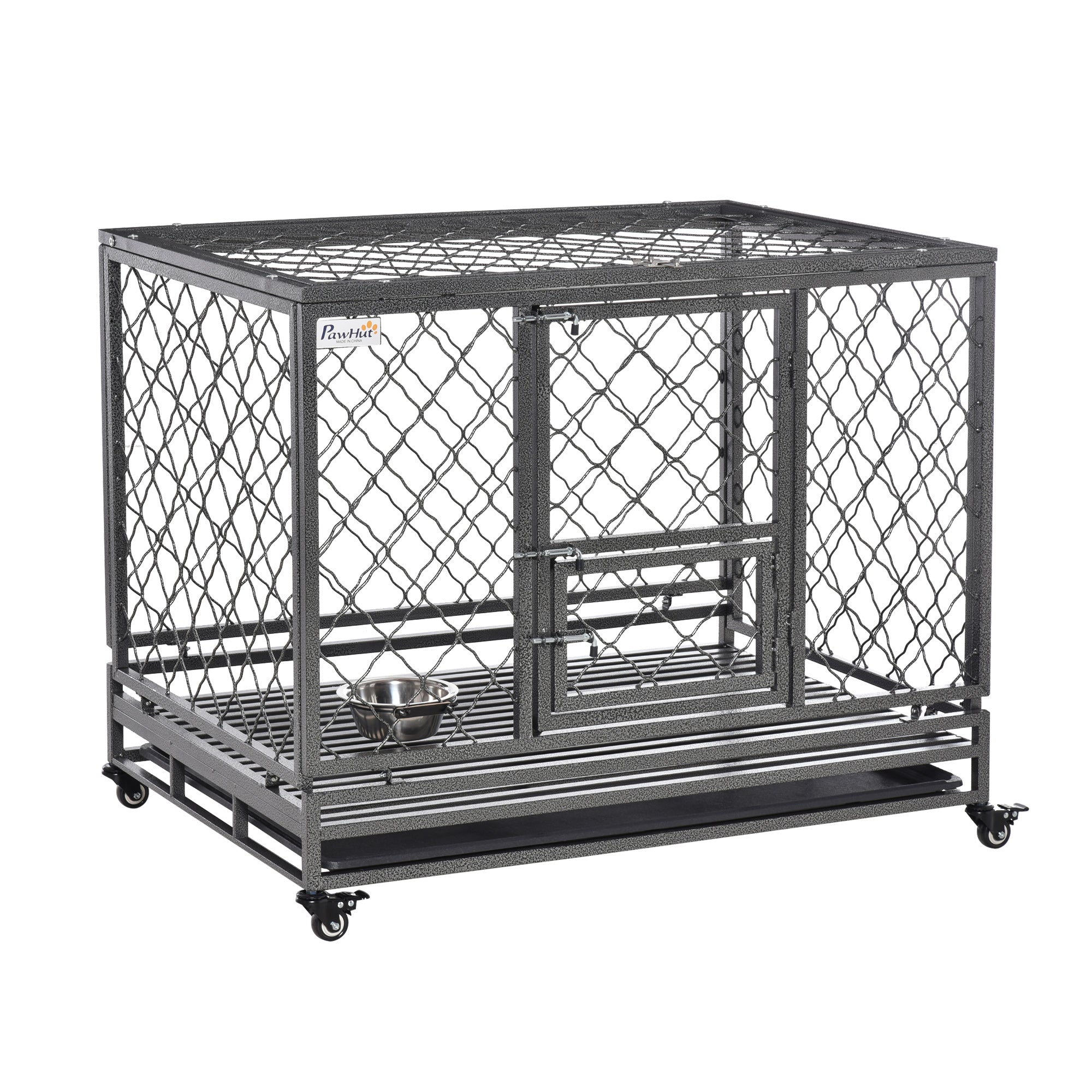 PawHut Heavy Duty Dog Crate, Metal Dog Kennel Cage with Wheels, Openable Top, Removable Tray, Stainless Steel Bowl, for Small, Medium, Large & XL Dogs, 42.5