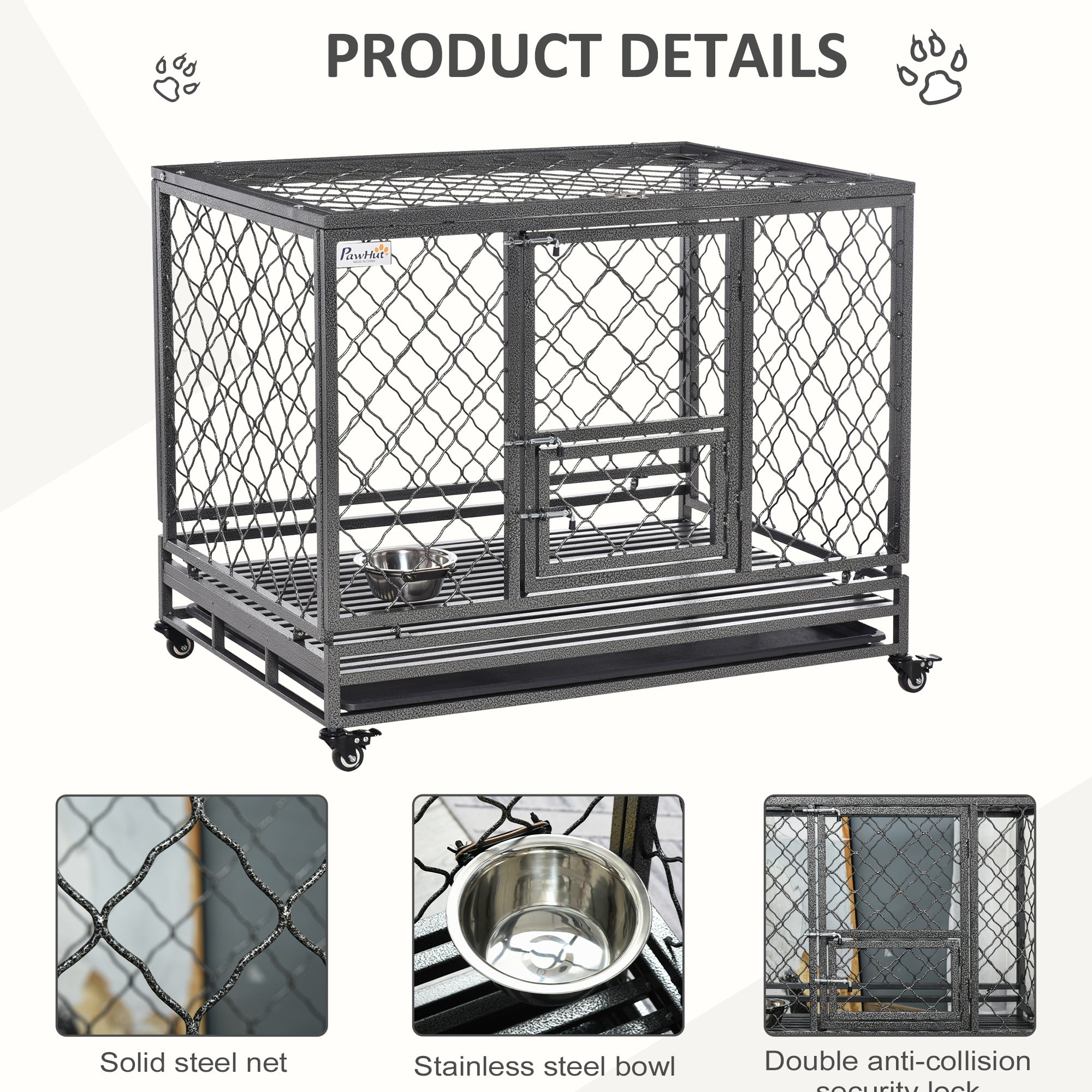 PawHut Heavy Duty Dog Crate, Metal Dog Kennel Cage with Wheels, Openable Top, Removable Tray, Stainless Steel Bowl, for Small, Medium, Large & XL Dogs, 42.5