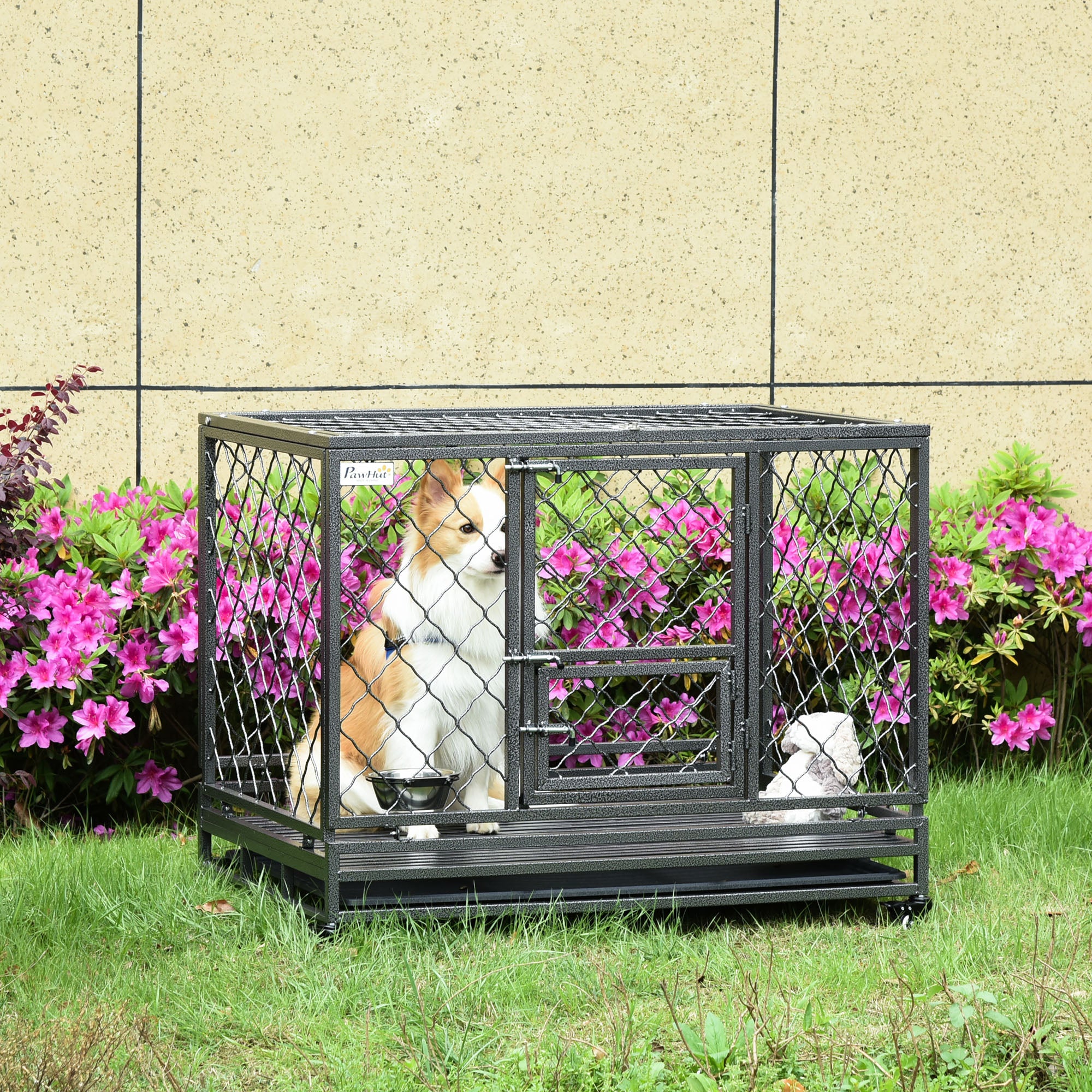 PawHut Heavy Duty Dog Crate, Metal Dog Kennel Cage with Wheels, Openable Top, Removable Tray, Stainless Steel Bowl, for Small, Medium, Large & XL Dogs, 42.5