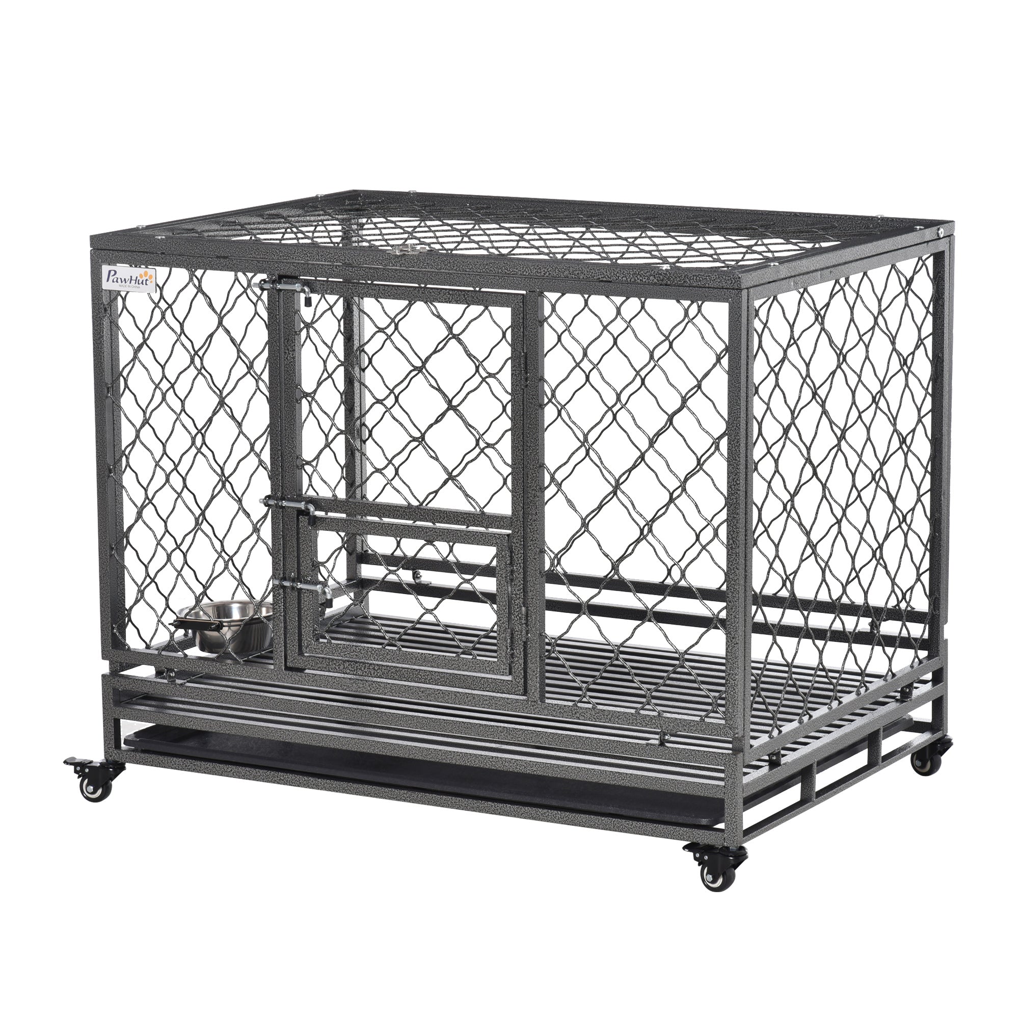 PawHut Heavy Duty Dog Crate, Metal Dog Kennel Cage with Wheels, Openable Top, Removable Tray, Stainless Steel Bowl, for Small, Medium, Large & XL Dogs, 42.5