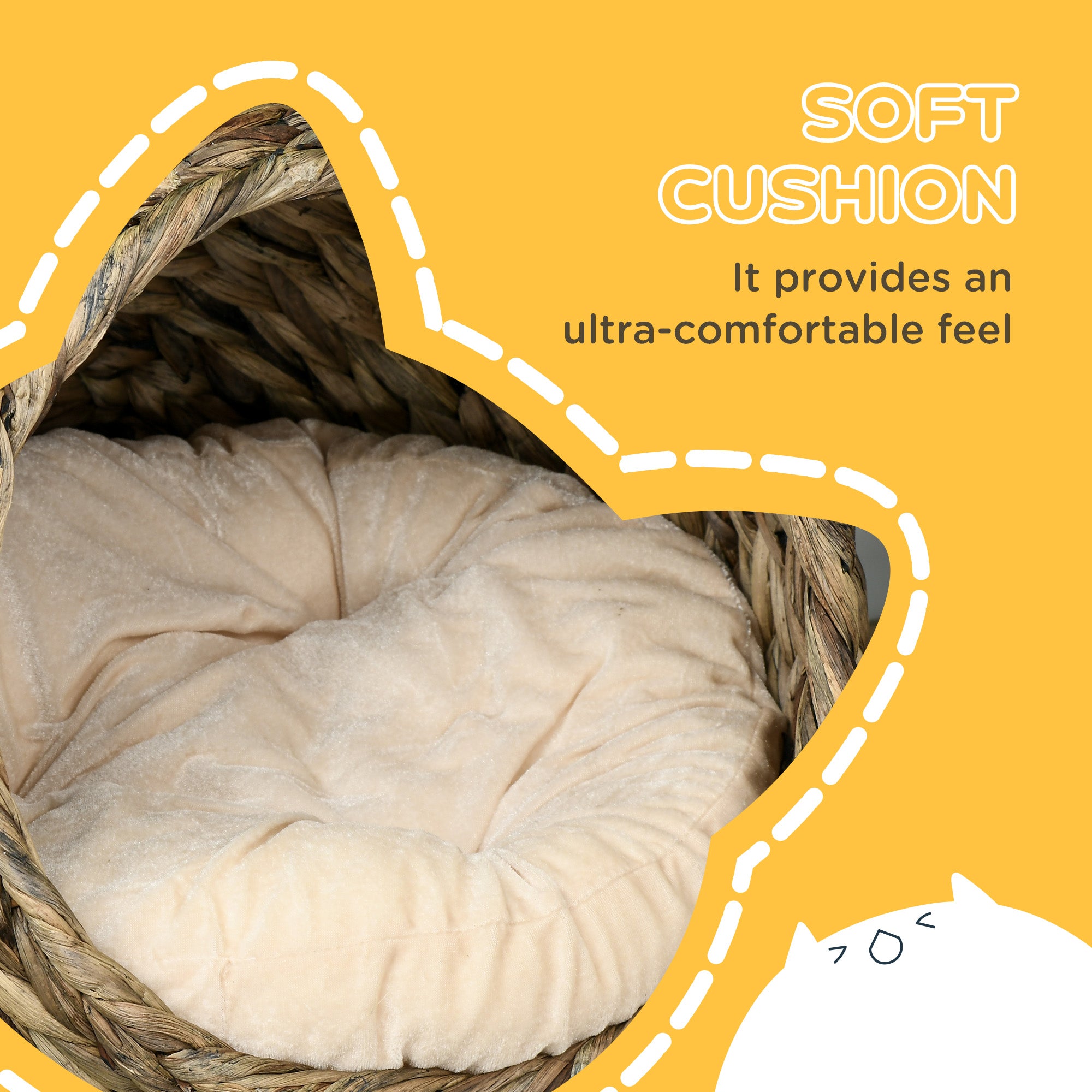 PawHut Woven Banana Leaf Elevated Cat Bed Wicker Kitten Basket Pet Den. House Cosy Cave with Soft Cushion Dome 42x33x52cm Grey