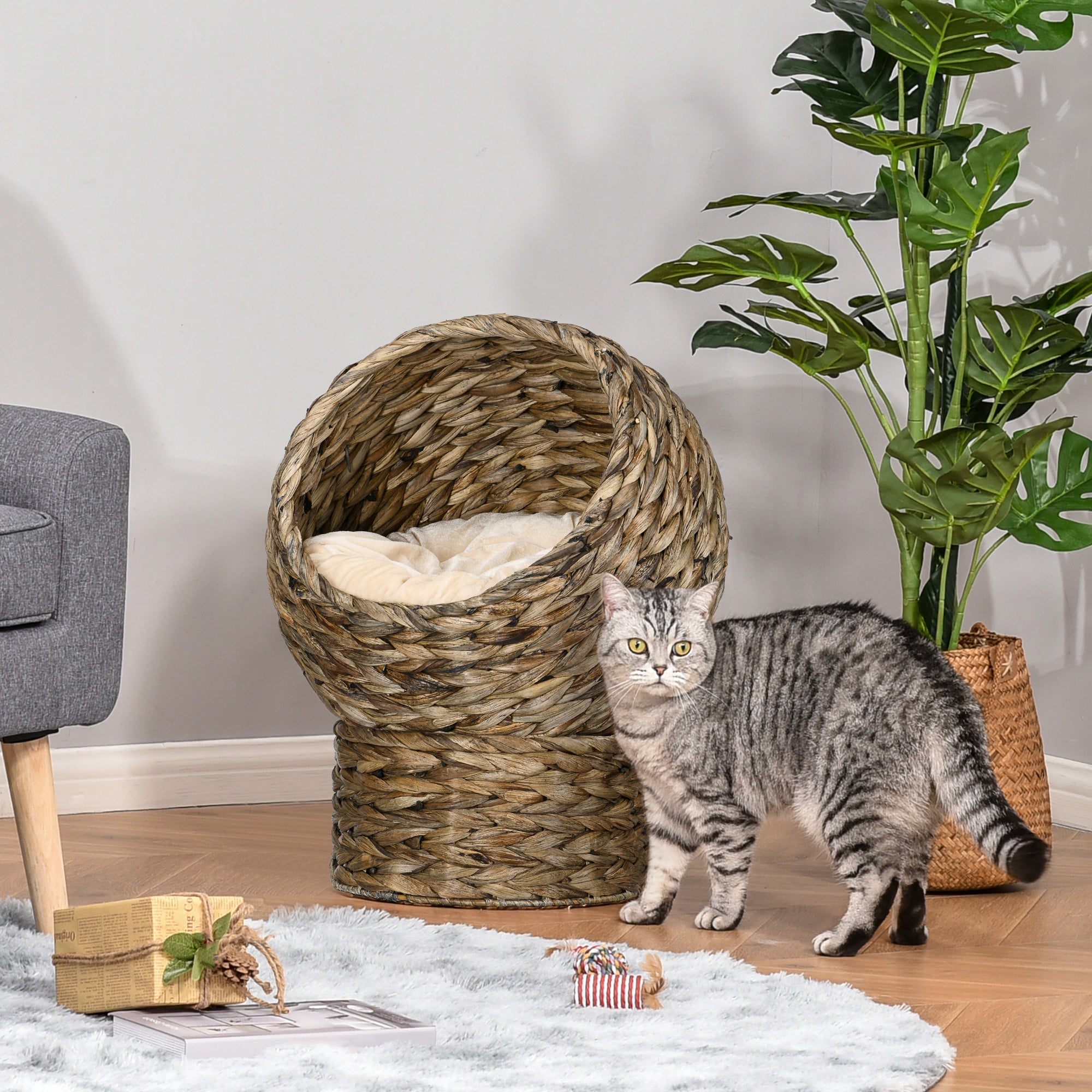 PawHut Wicker Cat Bed, Elevated Rattan Kitten Bed with Cushion, Handwoven Cat Egg Chair Kitty House with Stand for Indoor Cats, Grey
