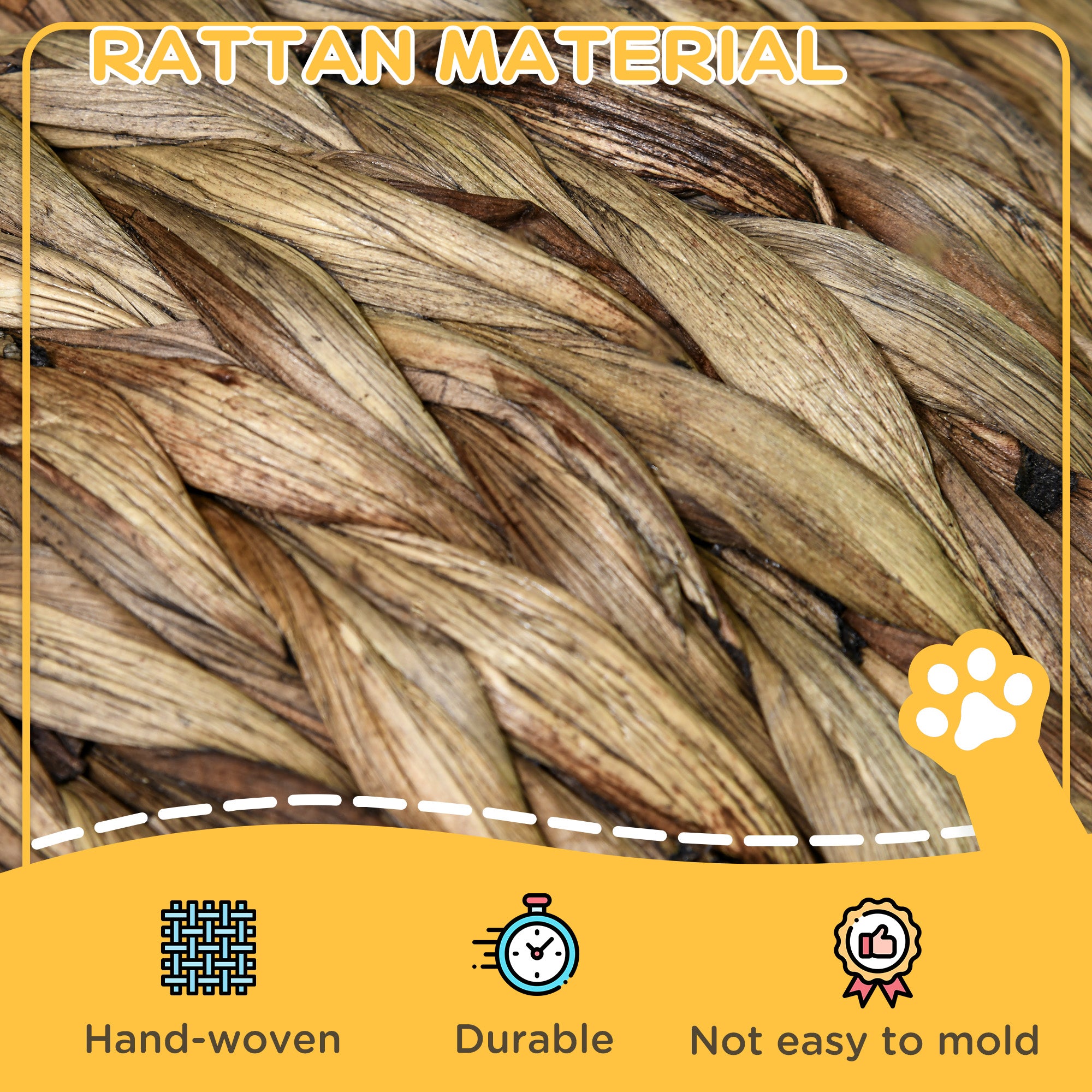 PawHut Woven Banana Leaf Elevated Cat Bed Wicker Kitten Basket Pet Den. House Cosy Cave with Soft Cushion Dome 42x33x52cm Grey