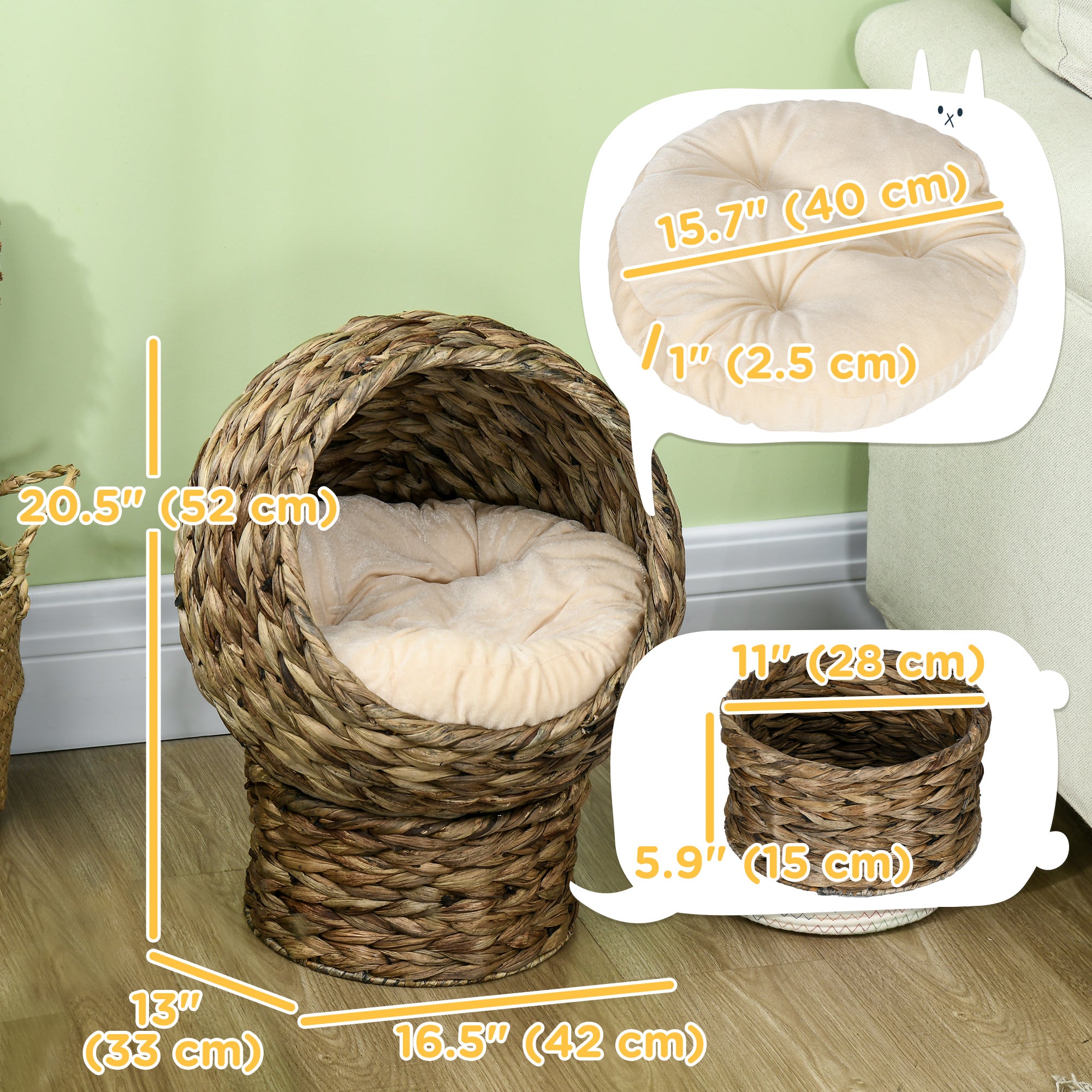 PawHut Wicker Cat Bed, Elevated Rattan Kitten Bed with Cushion, Handwoven Cat Egg Chair Kitty House with Stand for Indoor Cats, Grey