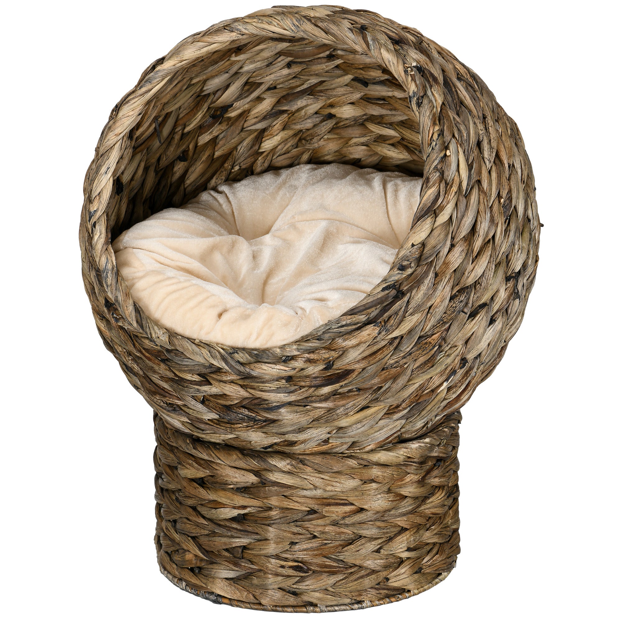PawHut Woven Banana Leaf Elevated Cat Bed Wicker Kitten Basket Pet Den. House Cosy Cave with Soft Cushion Dome 42x33x52cm Grey