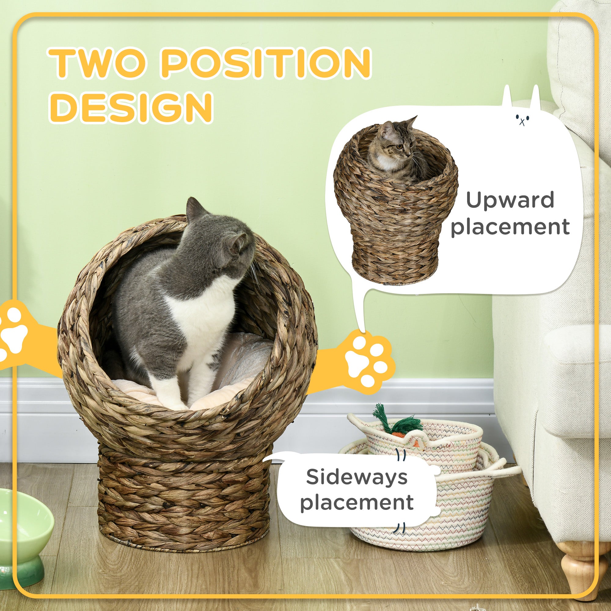 PawHut Woven Banana Leaf Elevated Cat Bed Wicker Kitten Basket Pet Den. House Cosy Cave with Soft Cushion Dome 42x33x52cm Grey