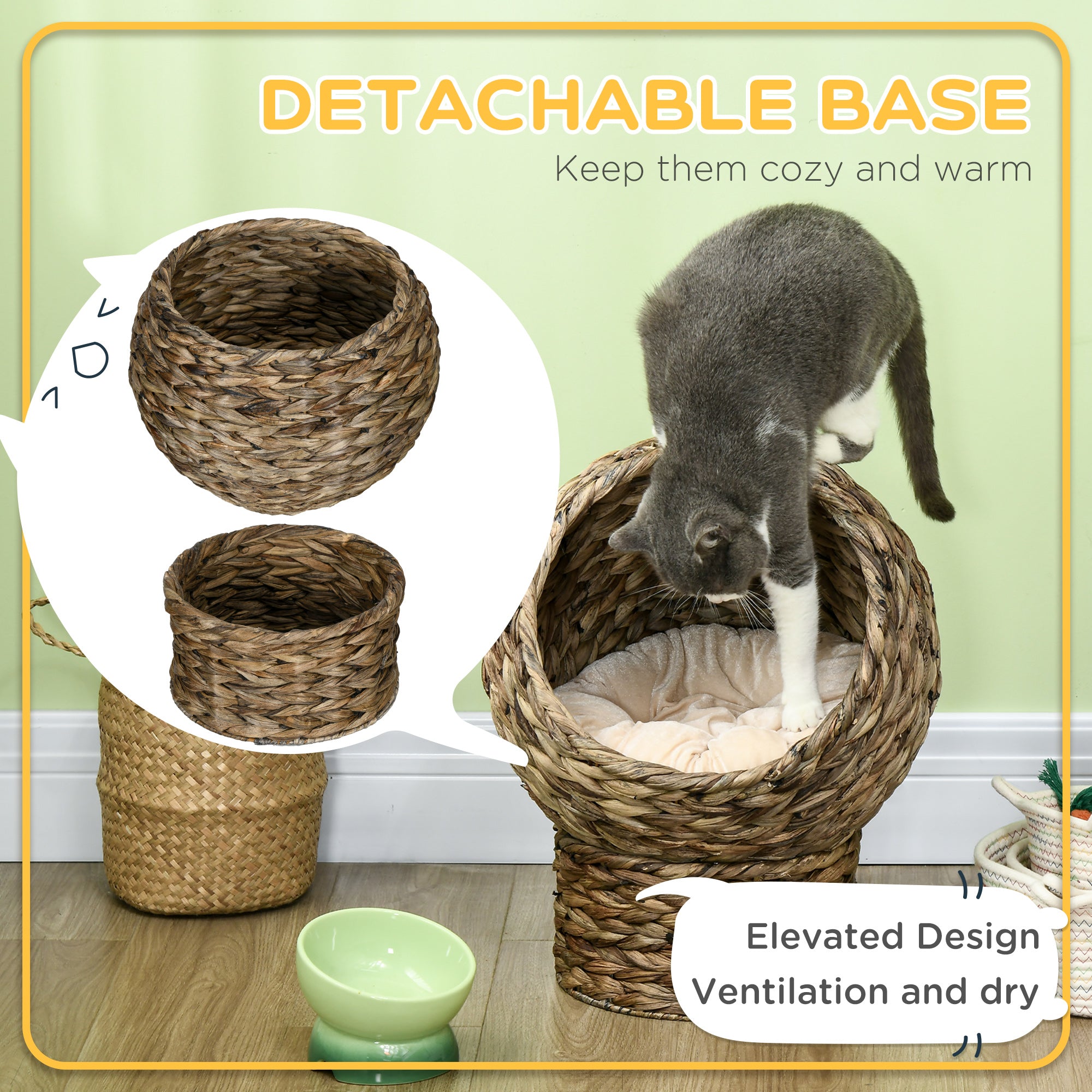 PawHut Wicker Cat Bed, Elevated Rattan Kitten Bed with Cushion, Handwoven Cat Egg Chair Kitty House with Stand for Indoor Cats, Grey