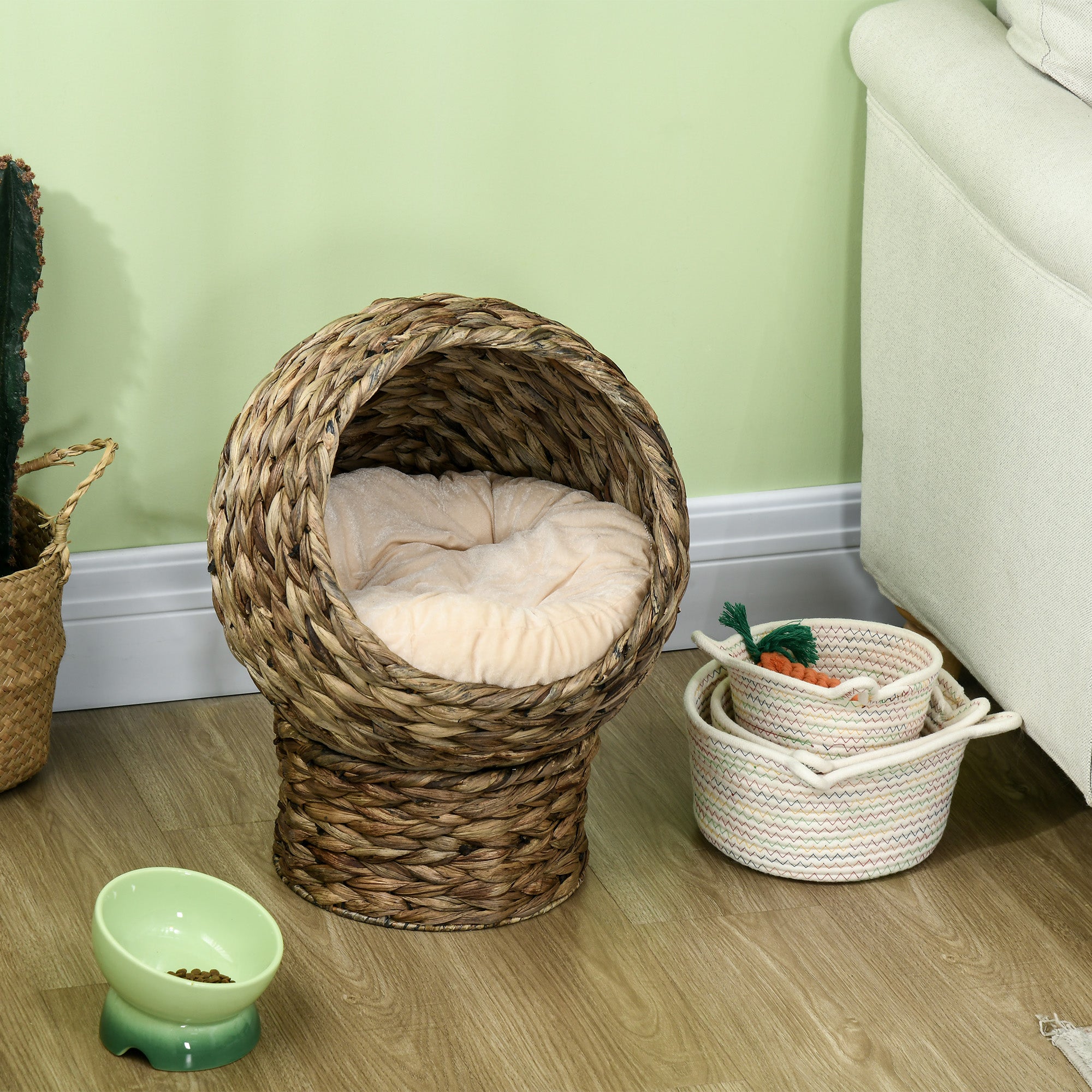 PawHut Woven Banana Leaf Elevated Cat Bed Wicker Kitten Basket Pet Den. House Cosy Cave with Soft Cushion Dome 42x33x52cm Grey