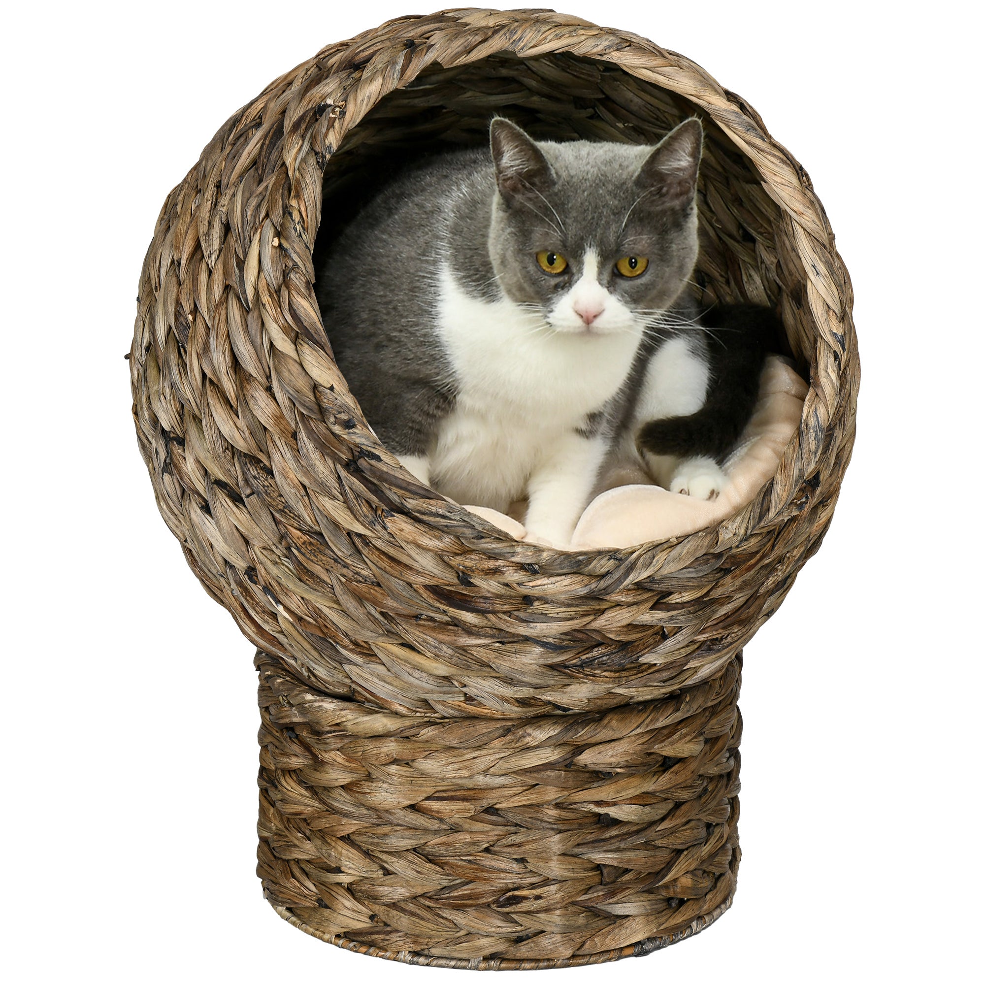 PawHut Wicker Cat Bed, Elevated Rattan Kitten Bed with Cushion, Handwoven Cat Egg Chair Kitty House with Stand for Indoor Cats, Grey