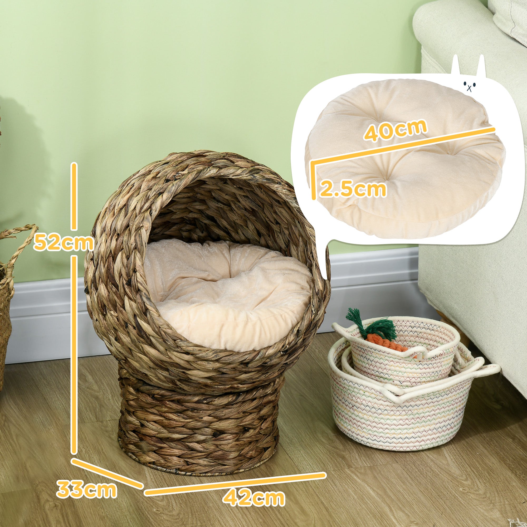 PawHut Woven Banana Leaf Elevated Cat Bed Wicker Kitten Basket Pet Den. House Cosy Cave with Soft Cushion Dome 42x33x52cm Grey