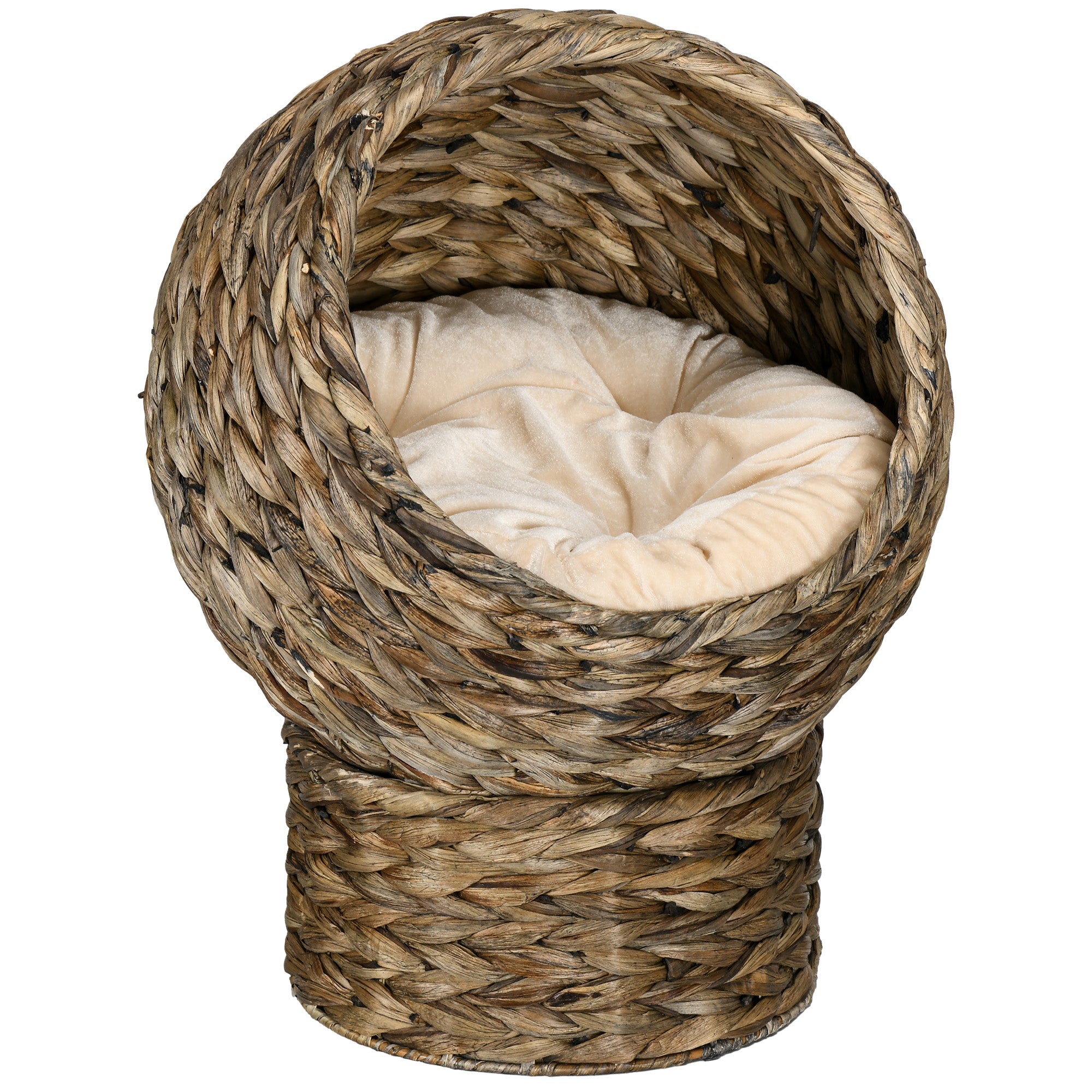 PawHut Woven Banana Leaf Elevated Cat Bed Wicker Kitten Basket Pet Den. House Cosy Cave with Soft Cushion Dome 42x33x52cm Grey