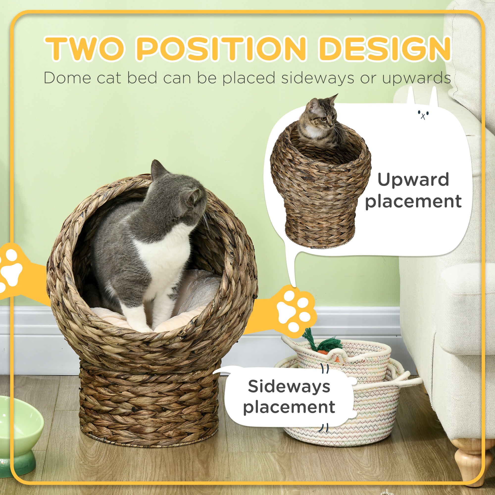 PawHut Wicker Cat Bed, Elevated Rattan Kitten Bed with Cushion, Handwoven Cat Egg Chair Kitty House with Stand for Indoor Cats, Grey