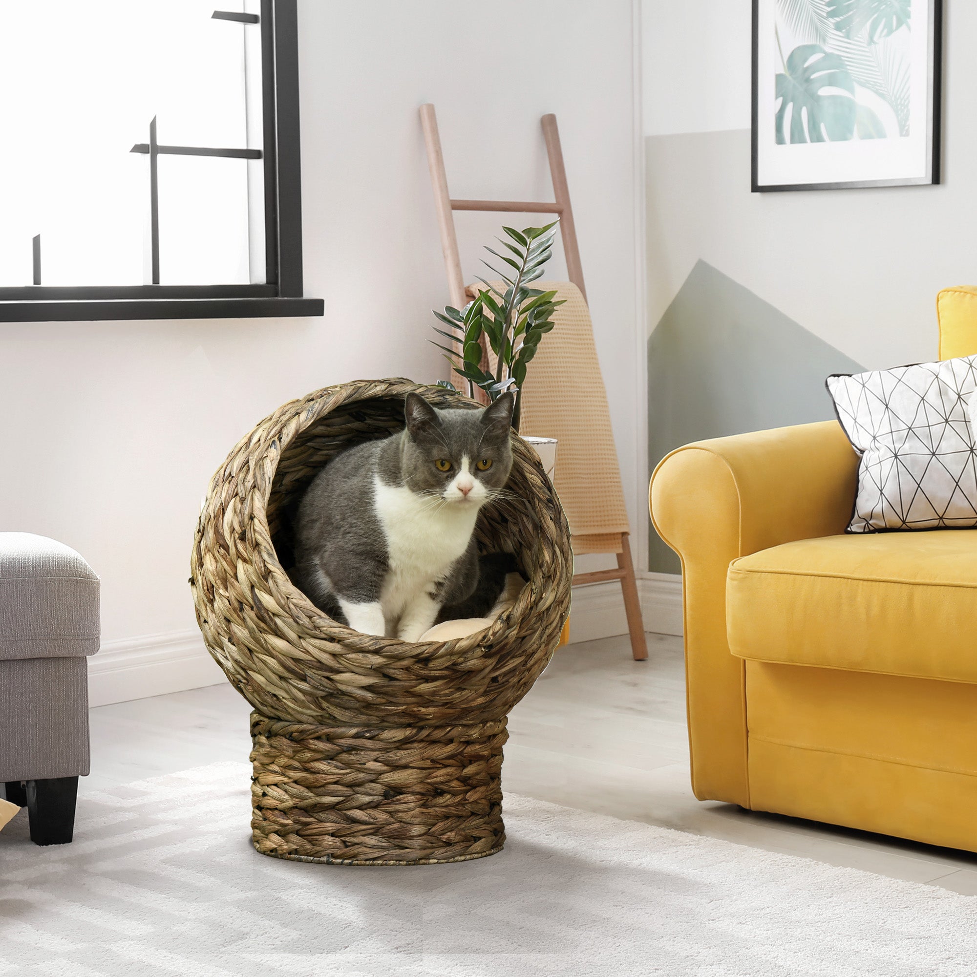 PawHut Woven Banana Leaf Elevated Cat Bed Wicker Kitten Basket Pet Den. House Cosy Cave with Soft Cushion Dome 42x33x52cm Grey