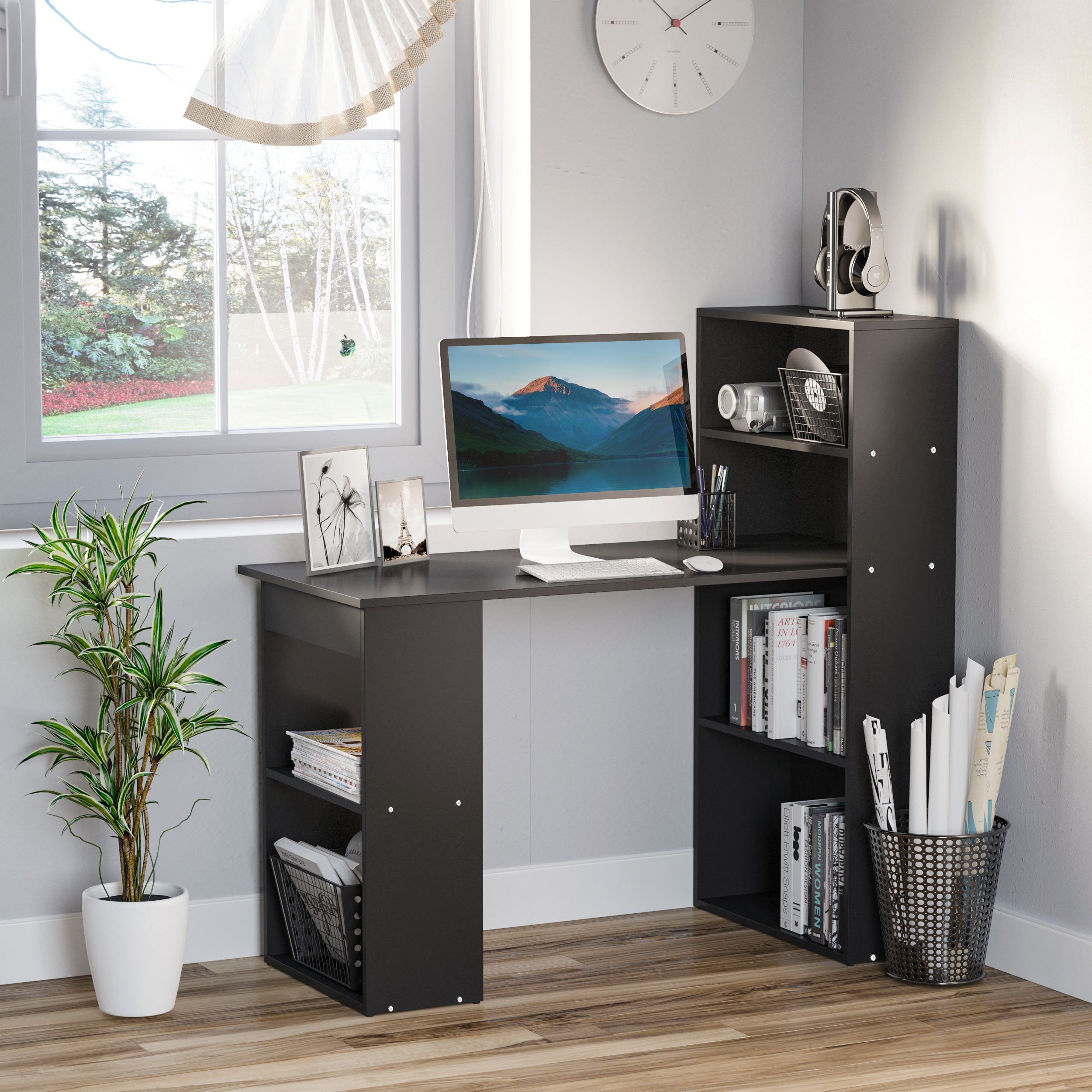 HOMCOM 120cm Modern Computer Desk Bookshelf Study Table Workstation PC Laptop Writing Home Office 6 Shelves, Black