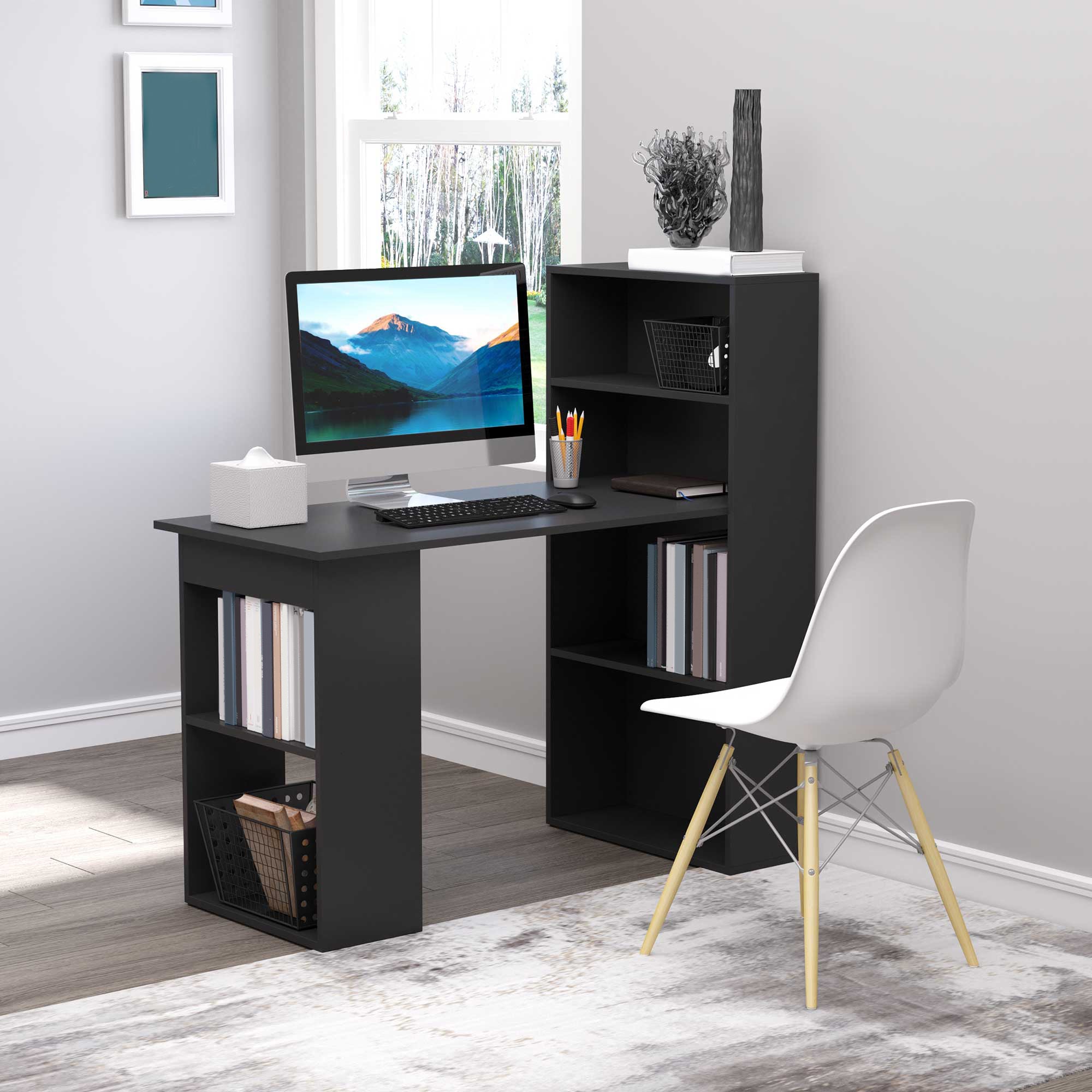HOMCOM Modern Computer Desk with Storage Shelves, 47" Writing Table Workstation with Bookshelf for Home Office, Black