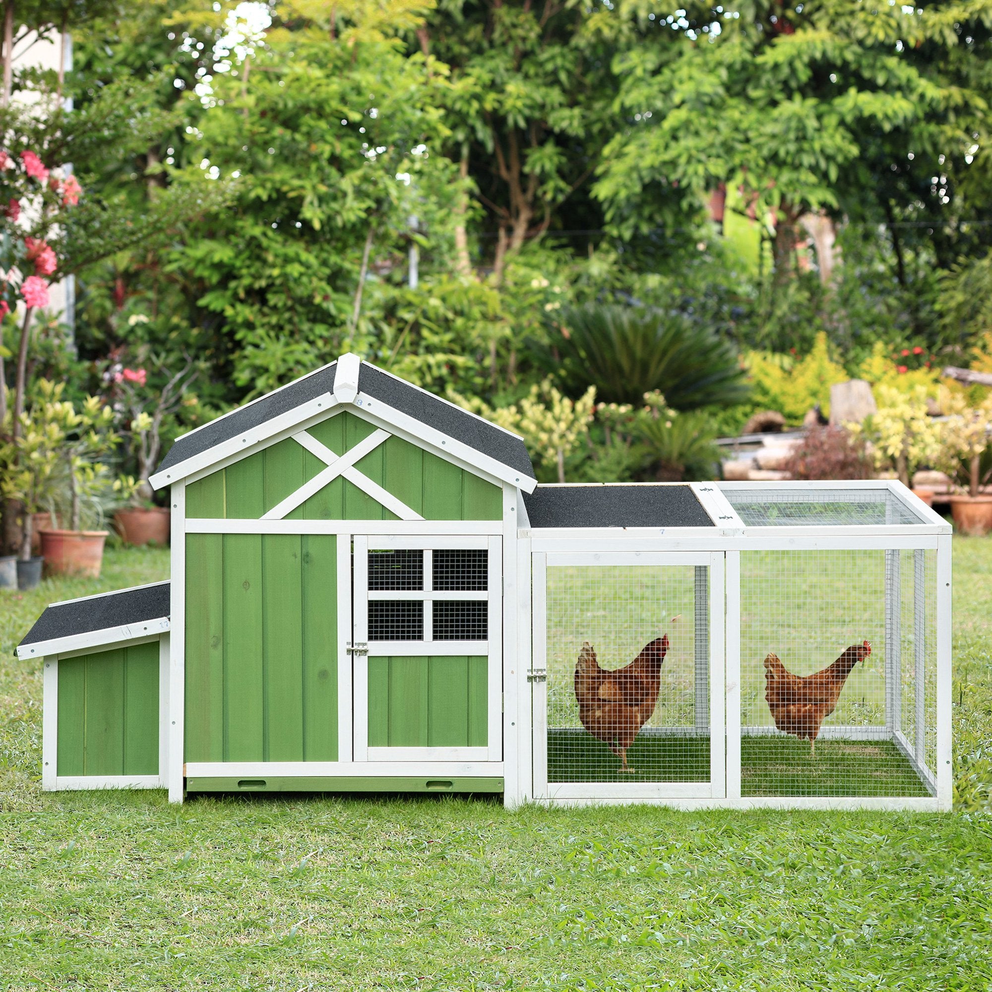 PawHut Chicken Coop with Outdoor Run, Chicken Run with Nesting Box, Wooden Poultry Cage with Removable Tray, Openable Roof and Lockable Doors, 210 x 108 x 100cm