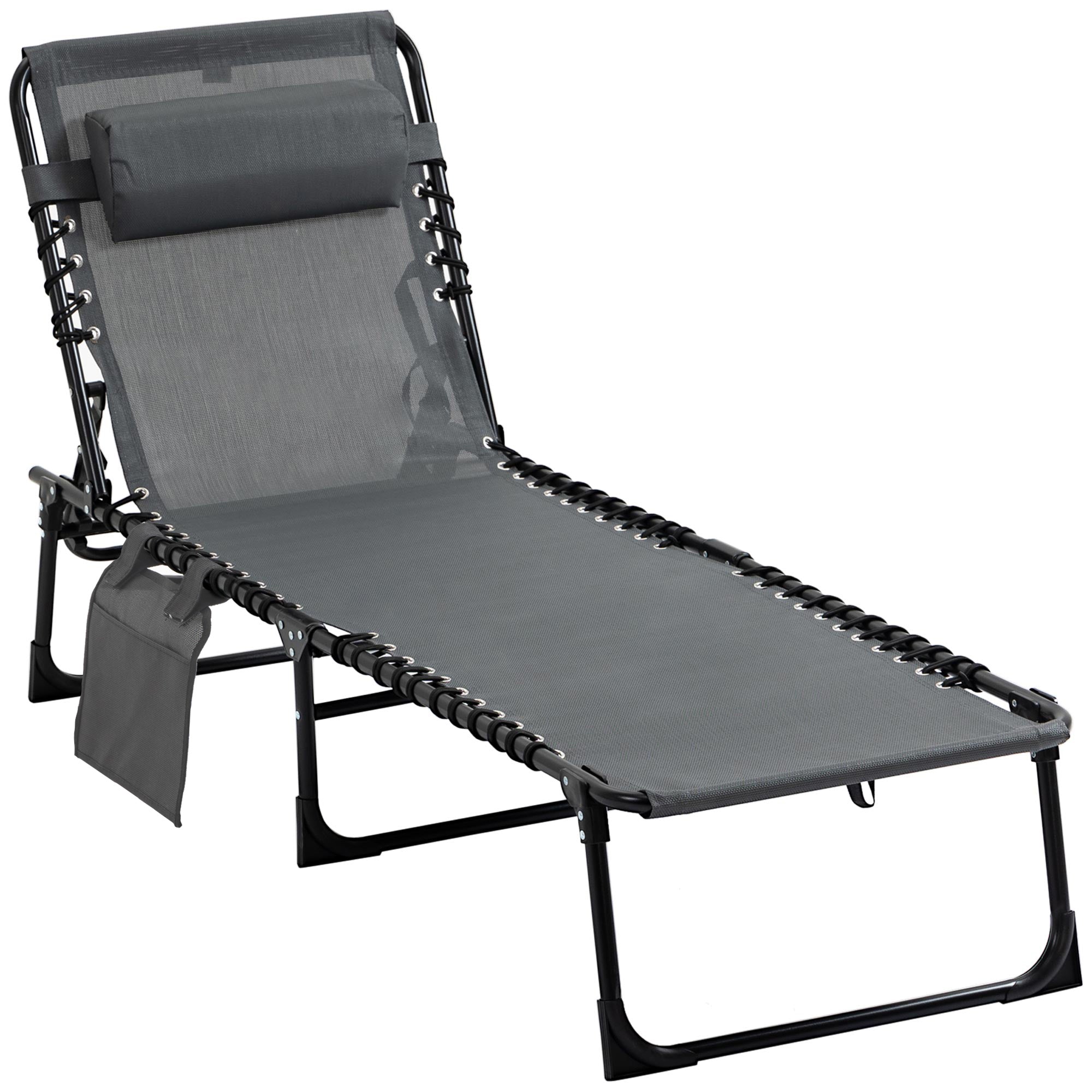 Outsunny Folding Lounge Chair, Reclining Tanning Chair, Portable Sun Lounger with Adjustable Backrest and Removable Pillow for Patio, Garden, Beach, Grey