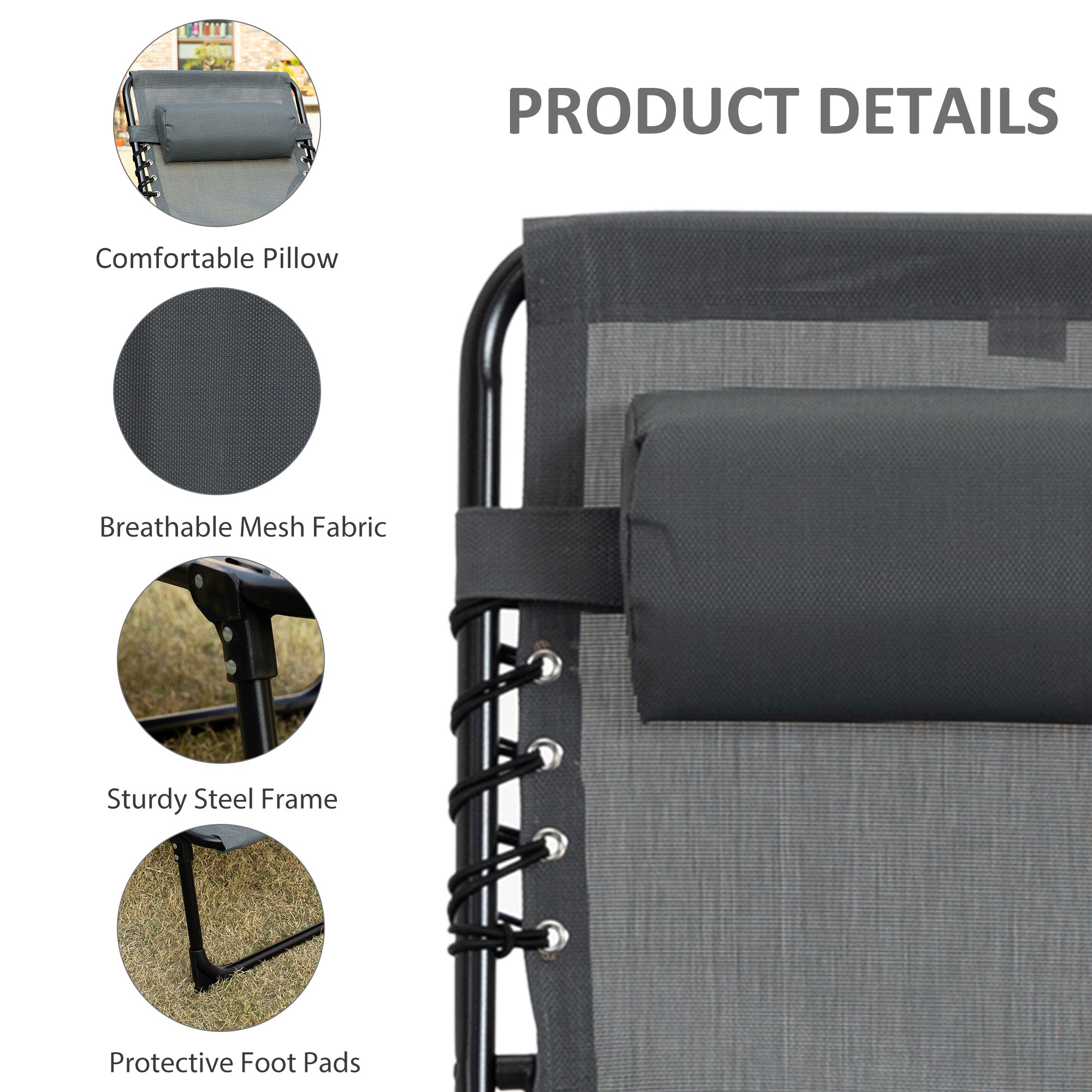 Outsunny Folding Lounge Chair, Reclining Tanning Chair, Portable Sun Lounger with Adjustable Backrest and Removable Pillow for Patio, Garden, Beach, Grey