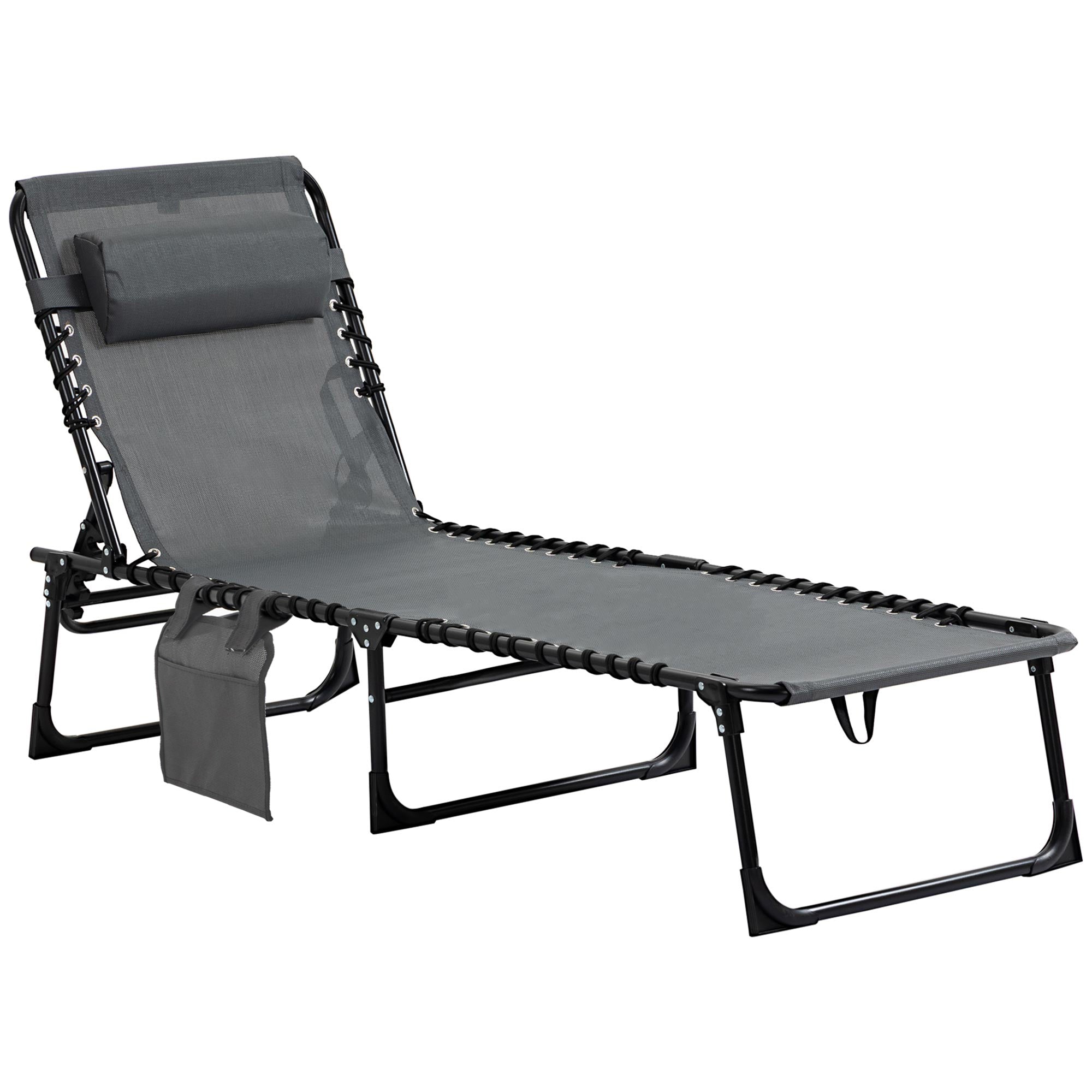 Outsunny Folding Lounge Chair, Reclining Tanning Chair, Portable Sun Lounger with Adjustable Backrest and Removable Pillow for Patio, Garden, Beach, Grey