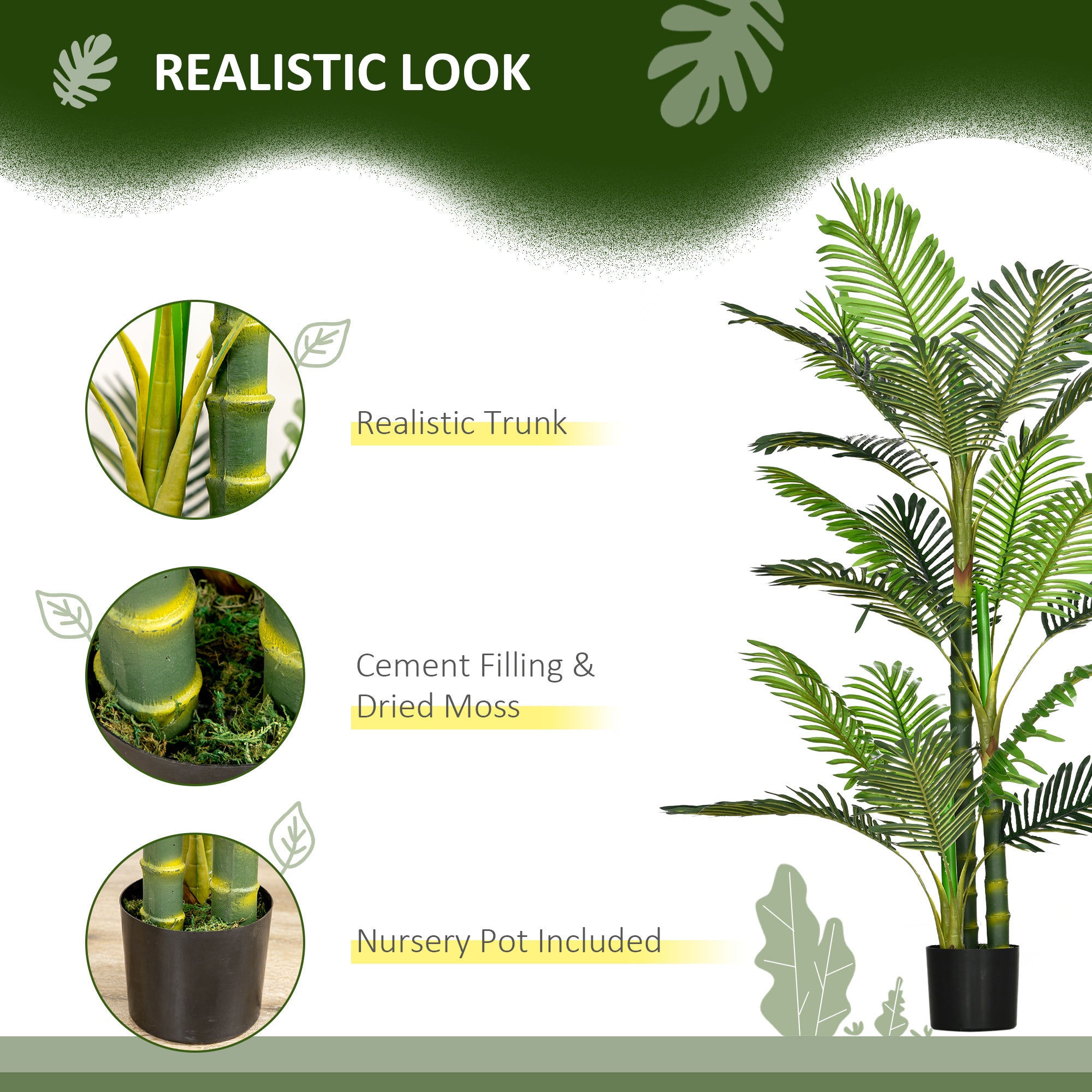 HOMCOM 5FT Artificial Areca Palm Tree in Pot with Realistic Leaves, Indoor Outdoor Tropical Palm Fake Plants for Home Office Living Room Decor