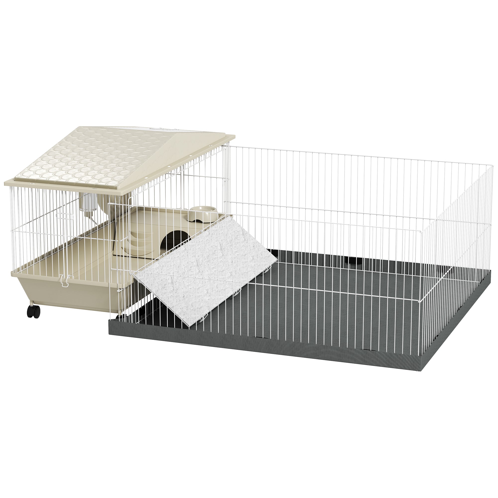 PawHut Small Animal Cage with Removable Pet Playpen, Guinea Pig Cage with Waterproof Pad, Hay Feeder, Water Bottle, Food Dish, Hideaway, Balcony, Soft-Covered Ramp, Wheels, for Guinea Pig, Hedgehog