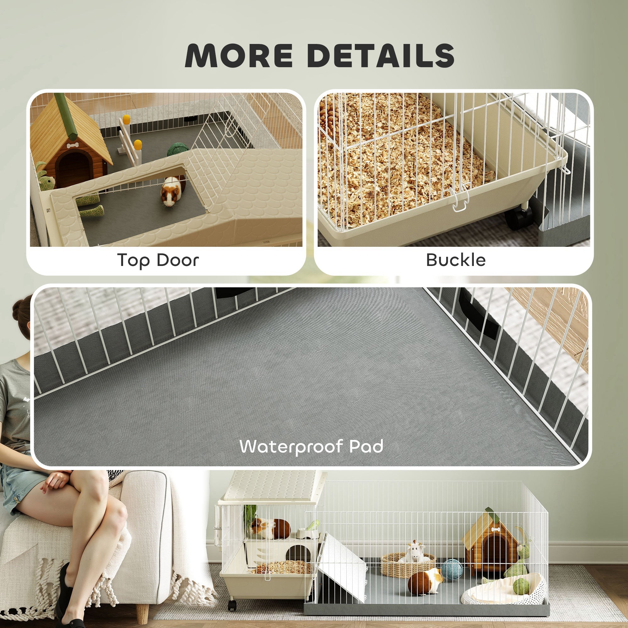 PawHut Small Animal Cage with Removable Pet Playpen, Guinea Pig Cage with Waterproof Pad, Hay Feeder, Water Bottle, Food Dish, Hideaway, Balcony, Soft-Covered Ramp, Wheels, for Guinea Pig, Hedgehog