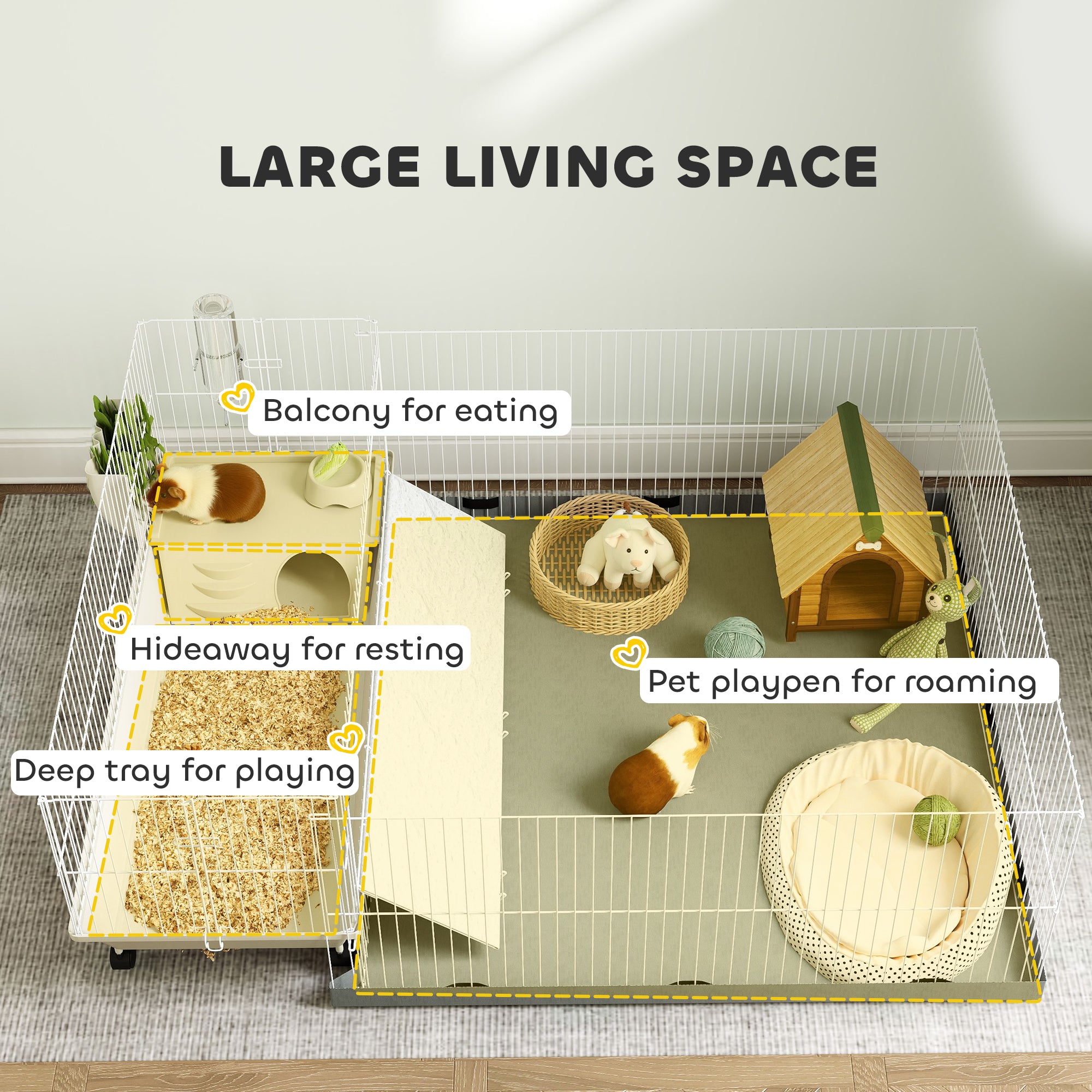 PawHut Small Animal Cage with Removable Pet Playpen, Guinea Pig Cage with Waterproof Pad, Hay Feeder, Water Bottle, Food Dish, Hideaway, Balcony, Soft-Covered Ramp, Wheels, for Guinea Pig, Hedgehog